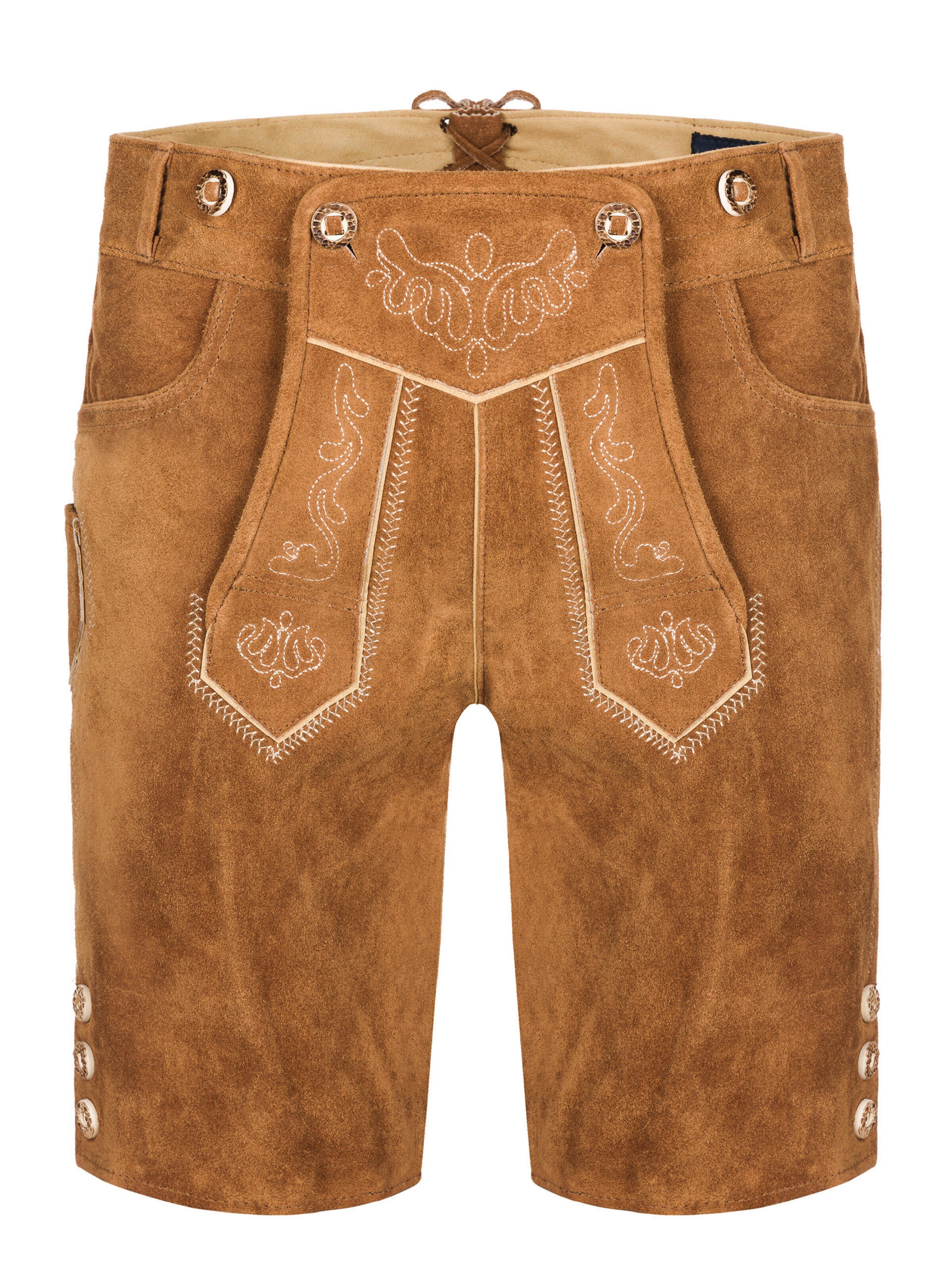 Almbock Skinny Traditional Pants 'Trachten Lederhose kurz Sepp braun' in Brown: front