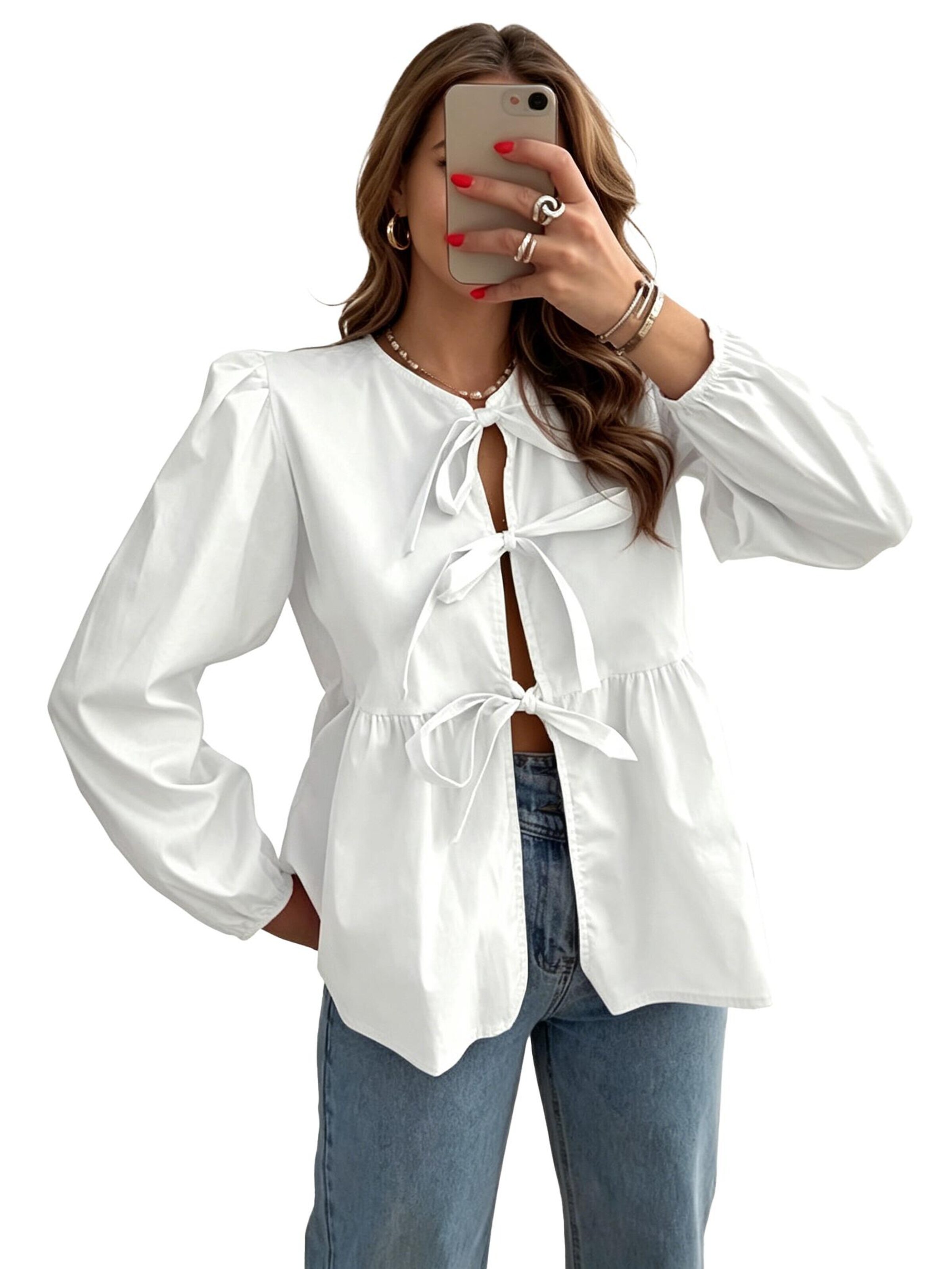 KoJooin Halenka 'Damen Babydoll-Bluse mit Schleifenbindung, Langarm & Rüschen – verspielt, luftig und feminin' – bílá