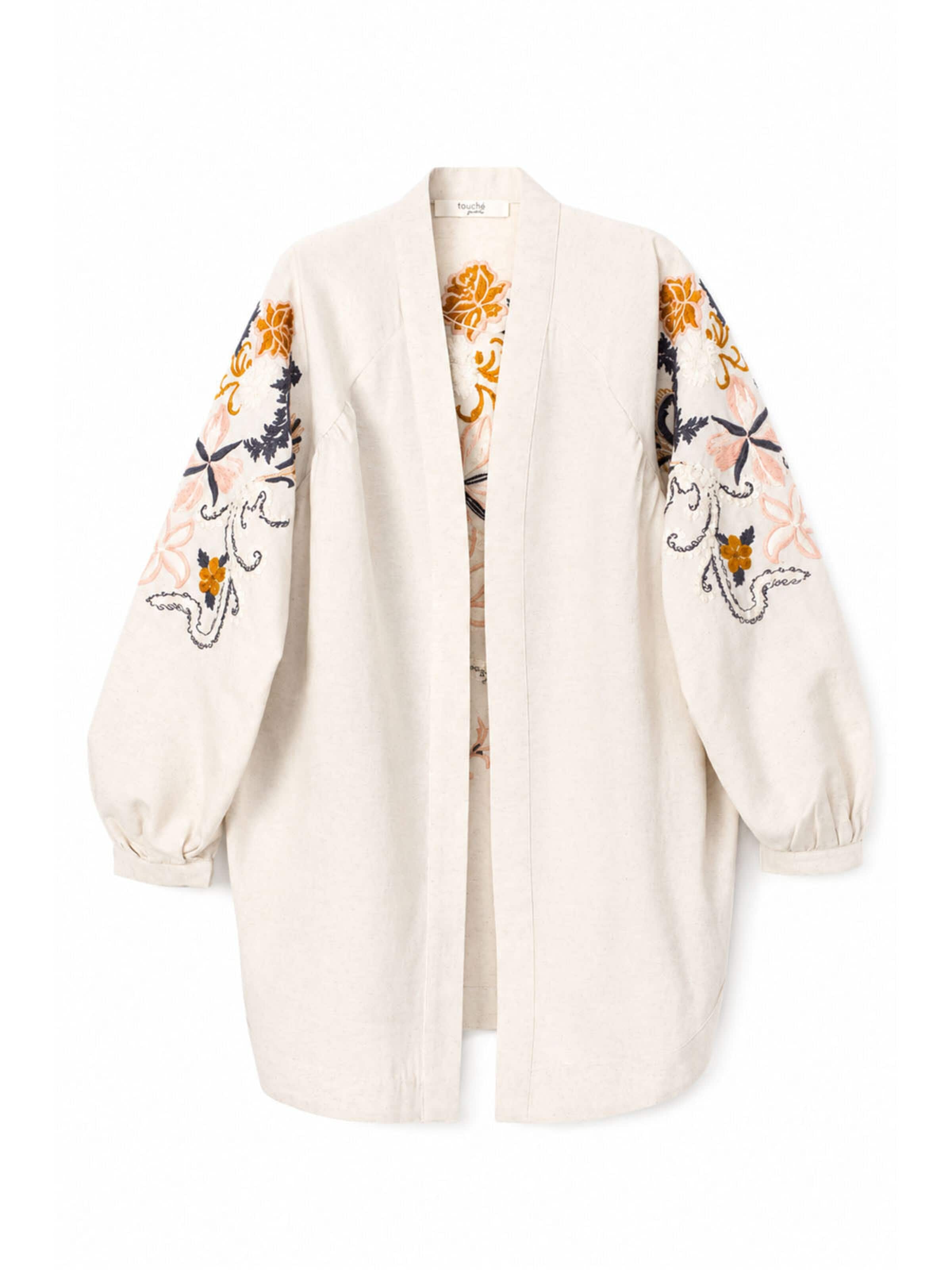 Veste mi-saison 'Embroidered Linen Kimono Jacket' Touché Privé en beige : devant