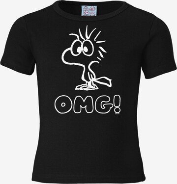 LOGOSHIRT Shirt 'Woodstock - OMG!' in Zwart: voorkant