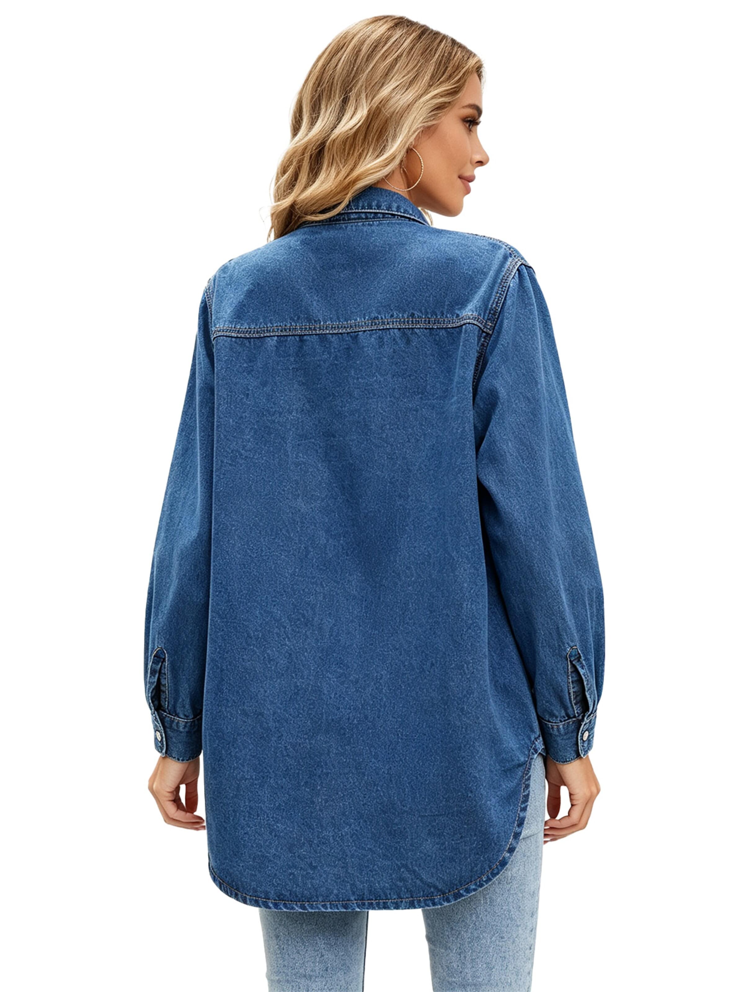 KoJooin Bluzka 'Damen Oversize Jeanshemd mit Knopfleiste – Langarm, Used-Look Denimjacke für Herbst-Outfits 2026' w kolorze niebieski