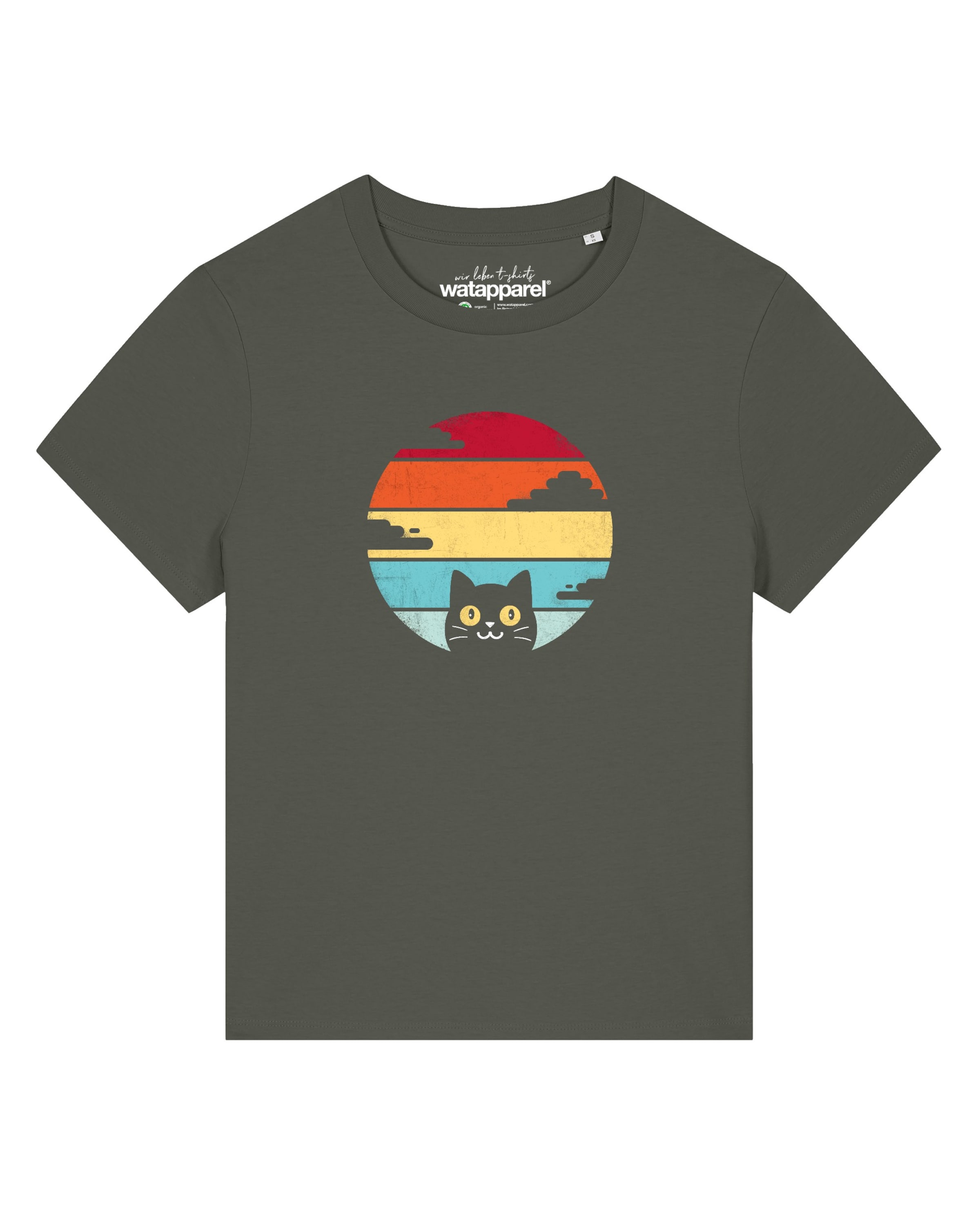 Watapparel Shirt ' Retro Sunset Cat ' in Green: front