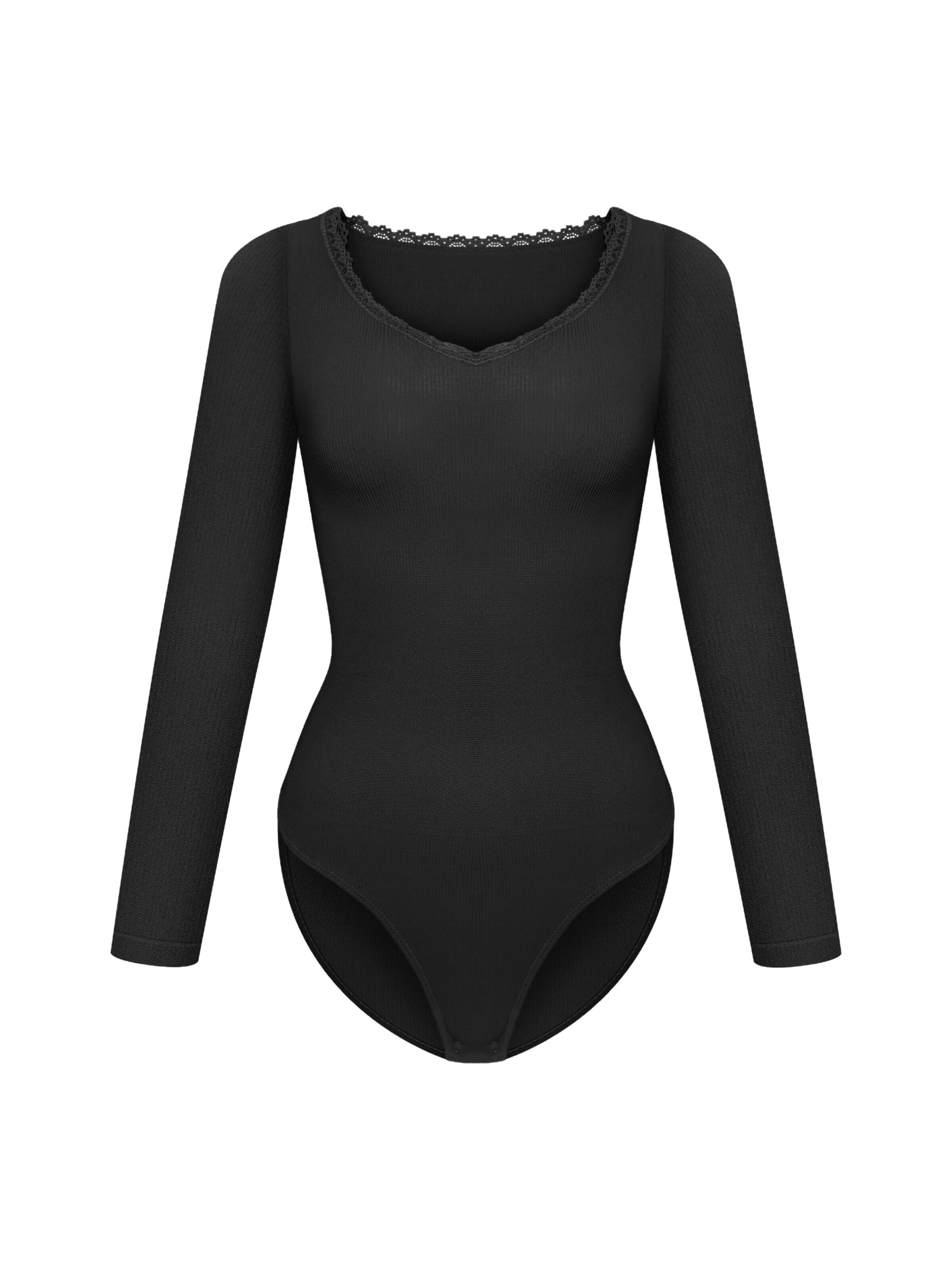 cfab Body 'Ribbed Longsleeve V-Neck Sculpting Lace Bodysuit with Slip' in Zwart: voorkant