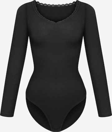 cfab Body 'Ribbed Longsleeve V-Neck Sculpting Lace Bodysuit with Slip' in Zwart: voorkant