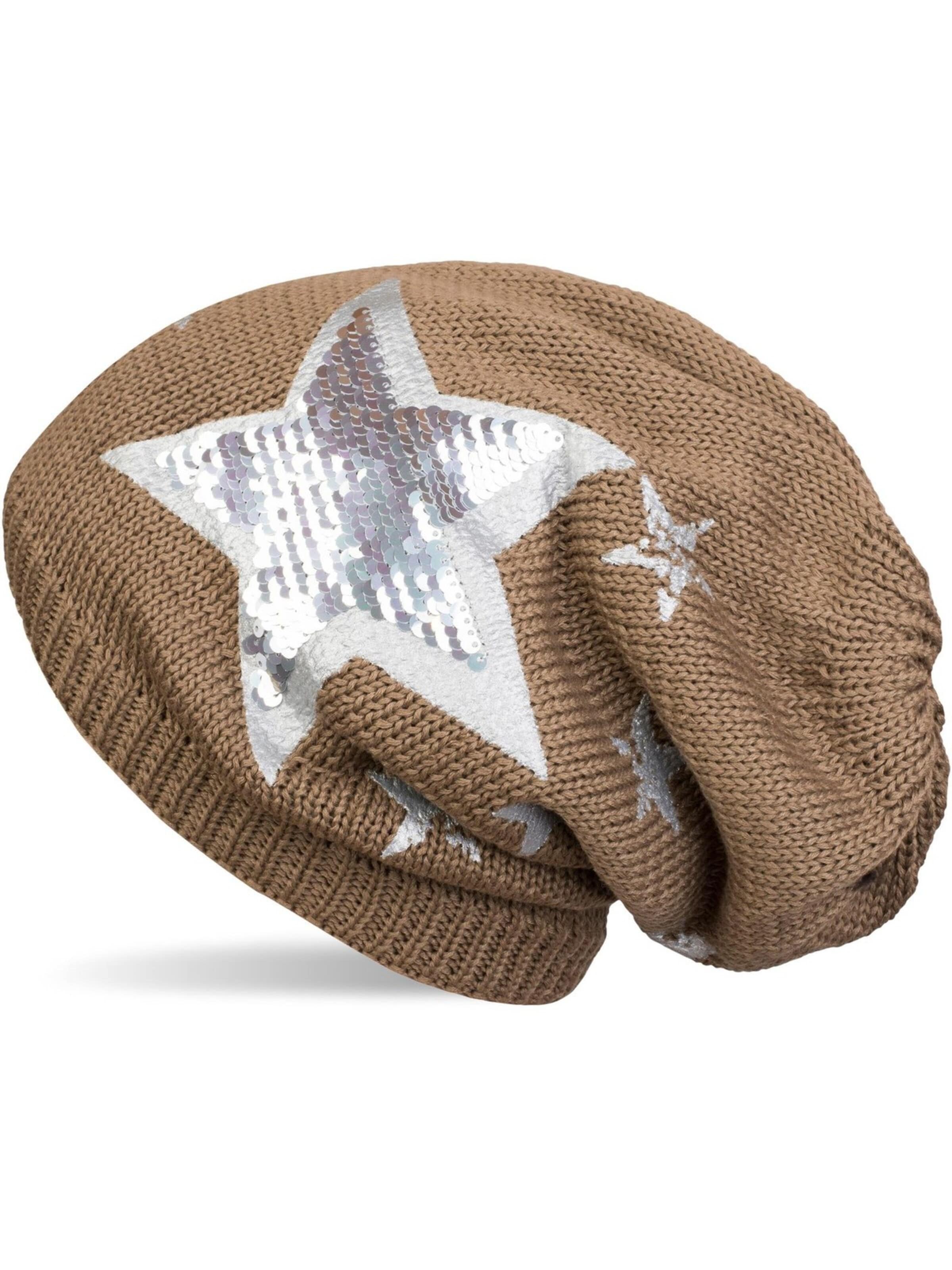 styleBREAKER Mütze 'Strick Beanie mit Pailletten Stern Print'‌‌‌‌‌‌‌‌‌‌ in Braun: Vorderseite