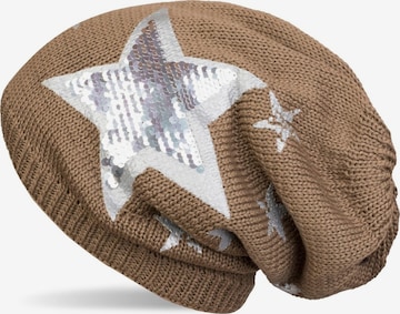 styleBREAKER Mütze 'Strick Beanie mit Pailletten Stern Print' in Braun: Vorderseite