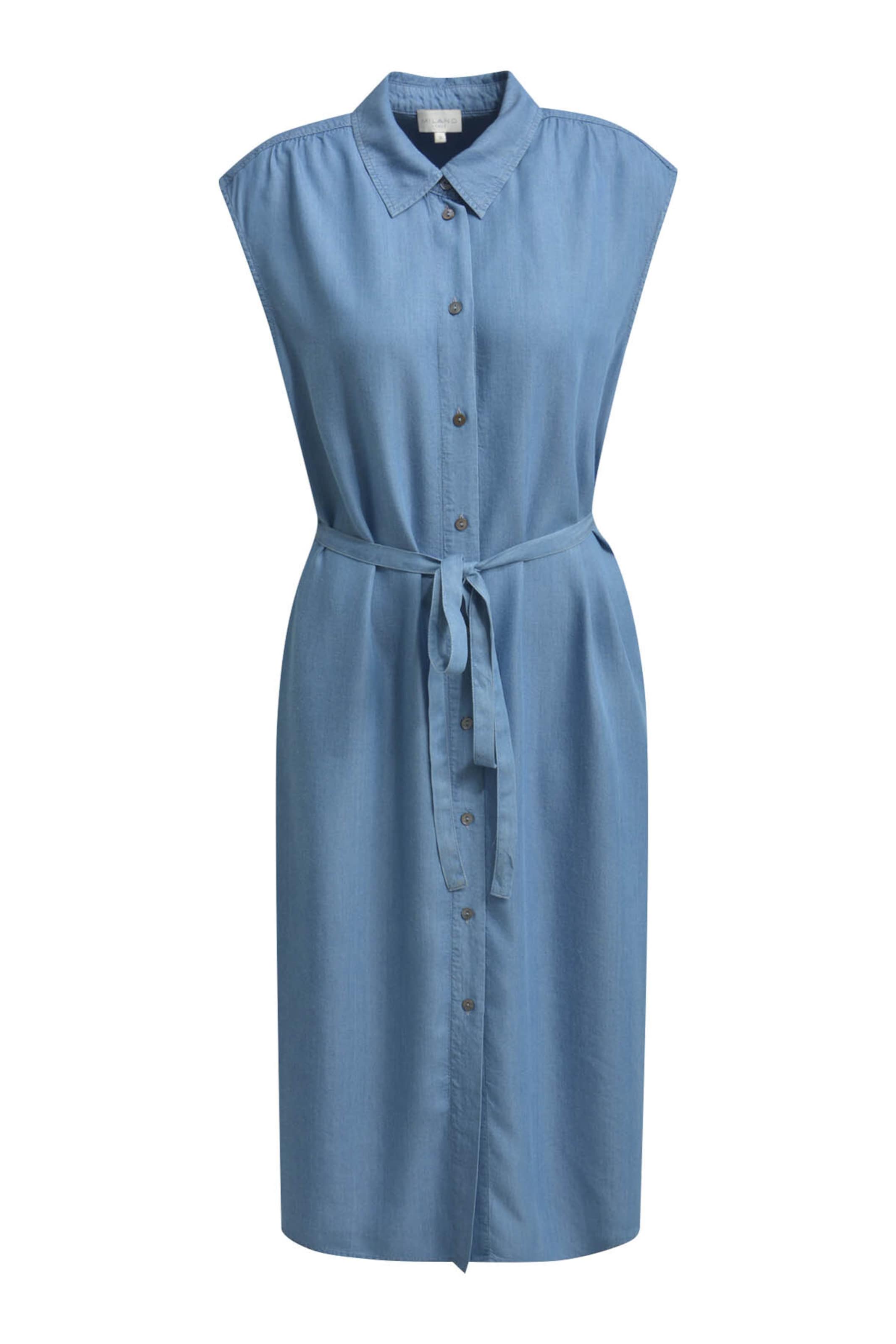 Milano Italy Ärmelloses Midikleid mit Bindegürtel in Blau: Vorderseite