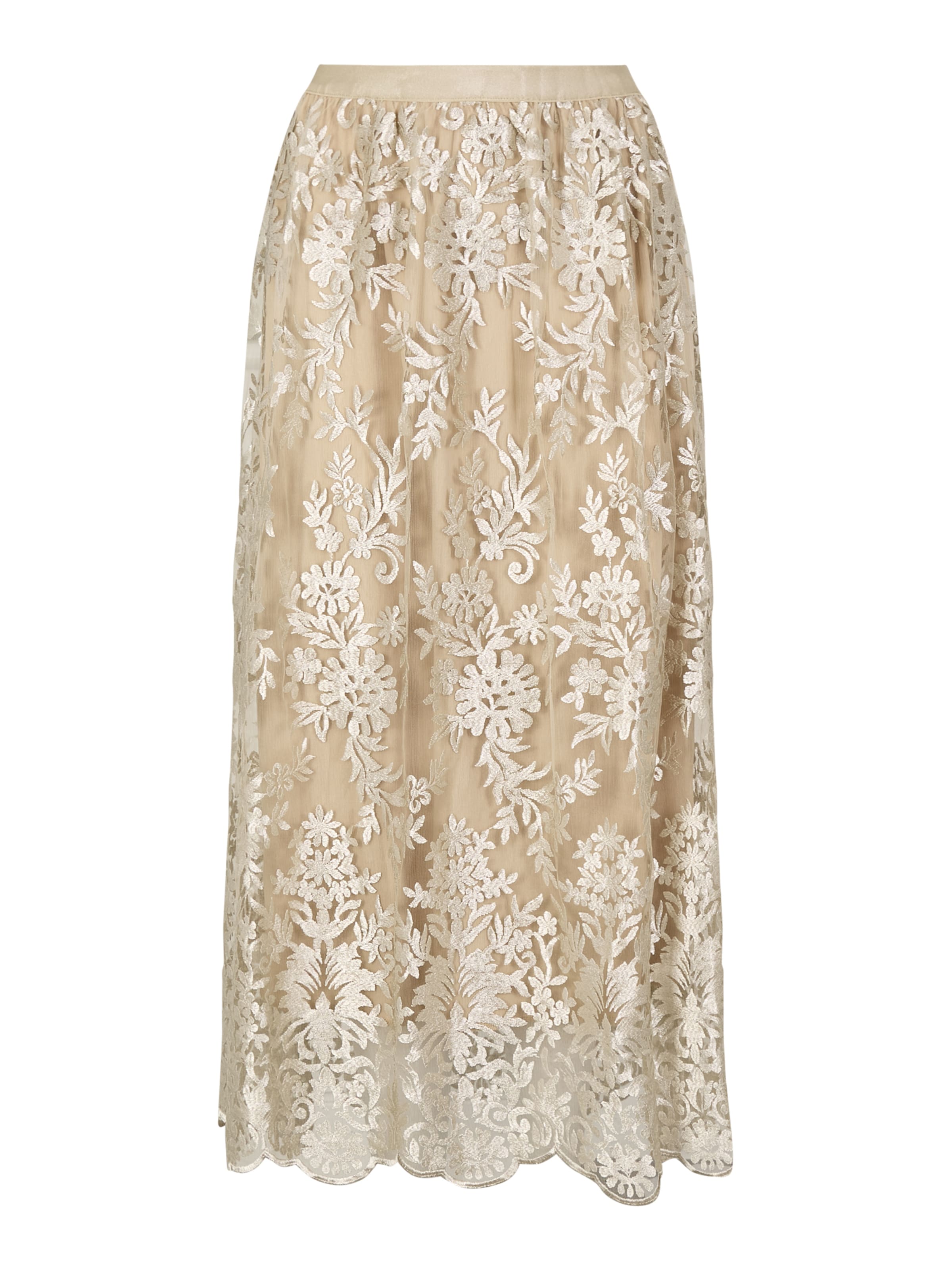 Apricot Shimmer Mesh Floral Embroidered Midi Skirt ' ' in Grau: Vorderseite