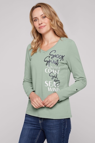 Soccx Longsleeve mit V-Ausschnitt und Glitter-Puff-Prints in Grün: Vorderseite