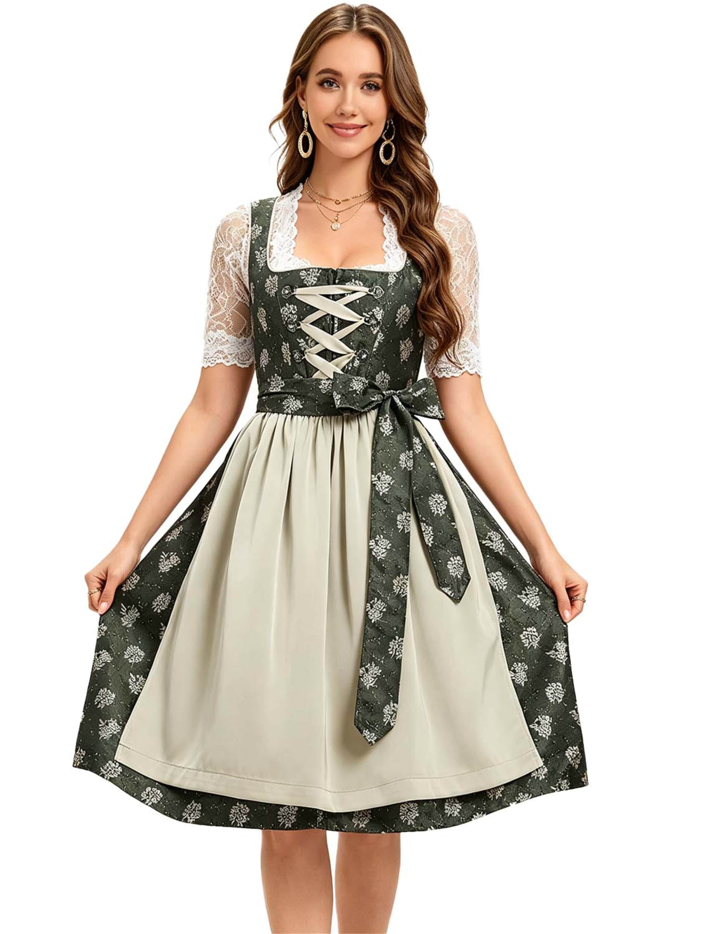 KoJooin Dirndl 'Damen 3-teiliges Dirndl-Set mit Spitzenbluse Satinschürze Modernes Trachten-Outfit für Oktoberfest'‌‌‌‌‌‌‌ in Grün: Vorderseite