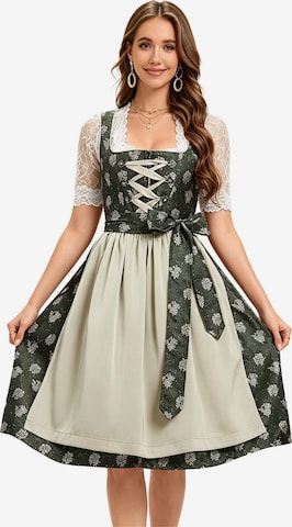 KoJooin Dirndl 'Damen 3-teiliges Dirndl-Set mit Spitzenbluse Satinschürze Modernes Trachten-Outfit für Oktoberfest' in Grün: Vorderseite