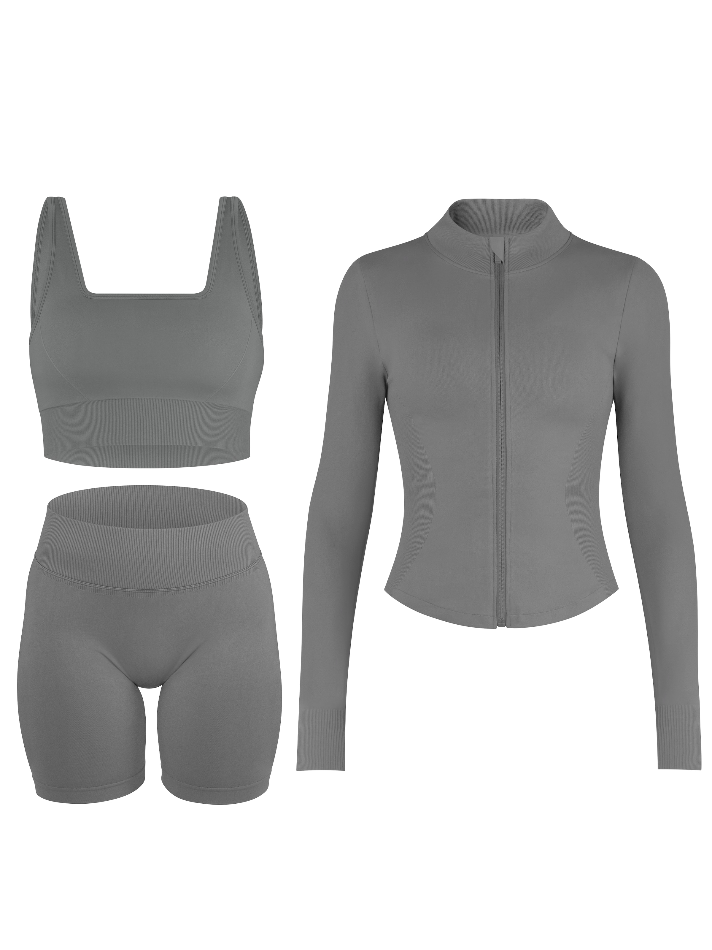 Circle Five Sportanzug 'Scrunch Shape Trainings-Set (Push-Up Shorts, Zipper Shaping Jacke und Medium Support Sport-BH)'‌‌‌‌ in Grau: Vorderseite