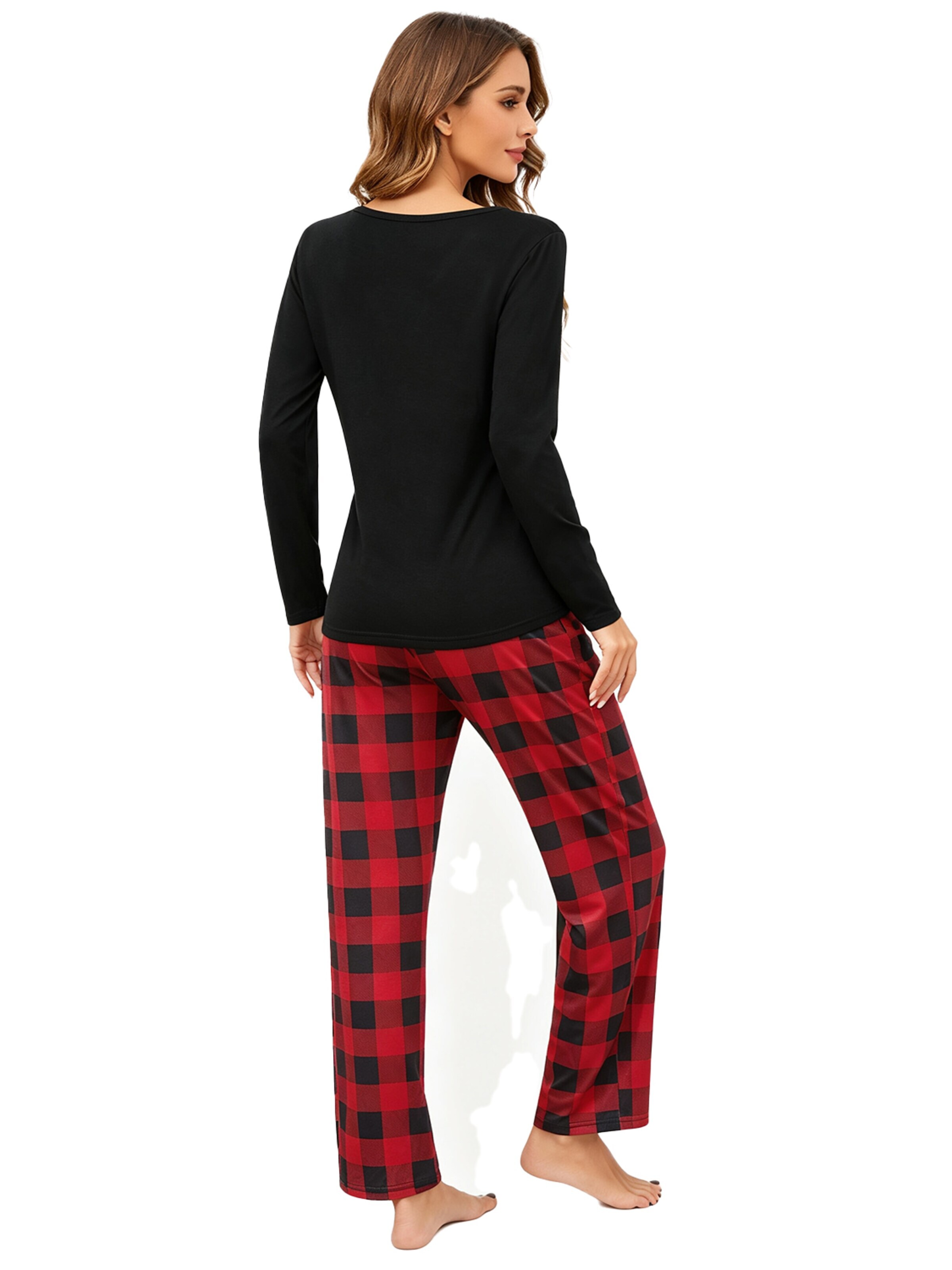 KoJooin Piżama 'Damen Weihnachts-Pyjama-Set im Karierten Design Klassische,Langärmelige Loungewear für Familiäre' w kolorze czerwony