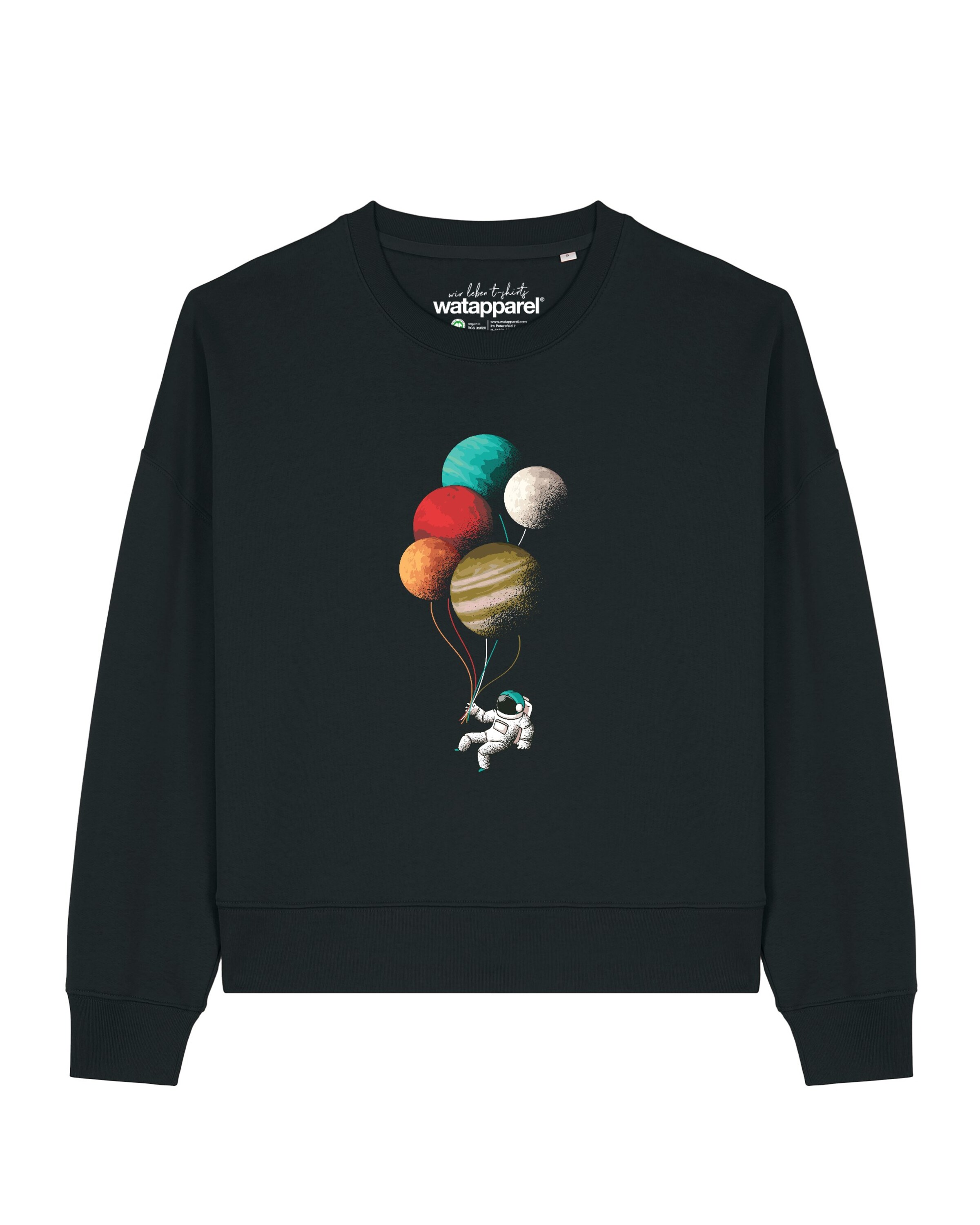 Felpa 'Balloon Spaceman' di Watapparel in nero: frontale