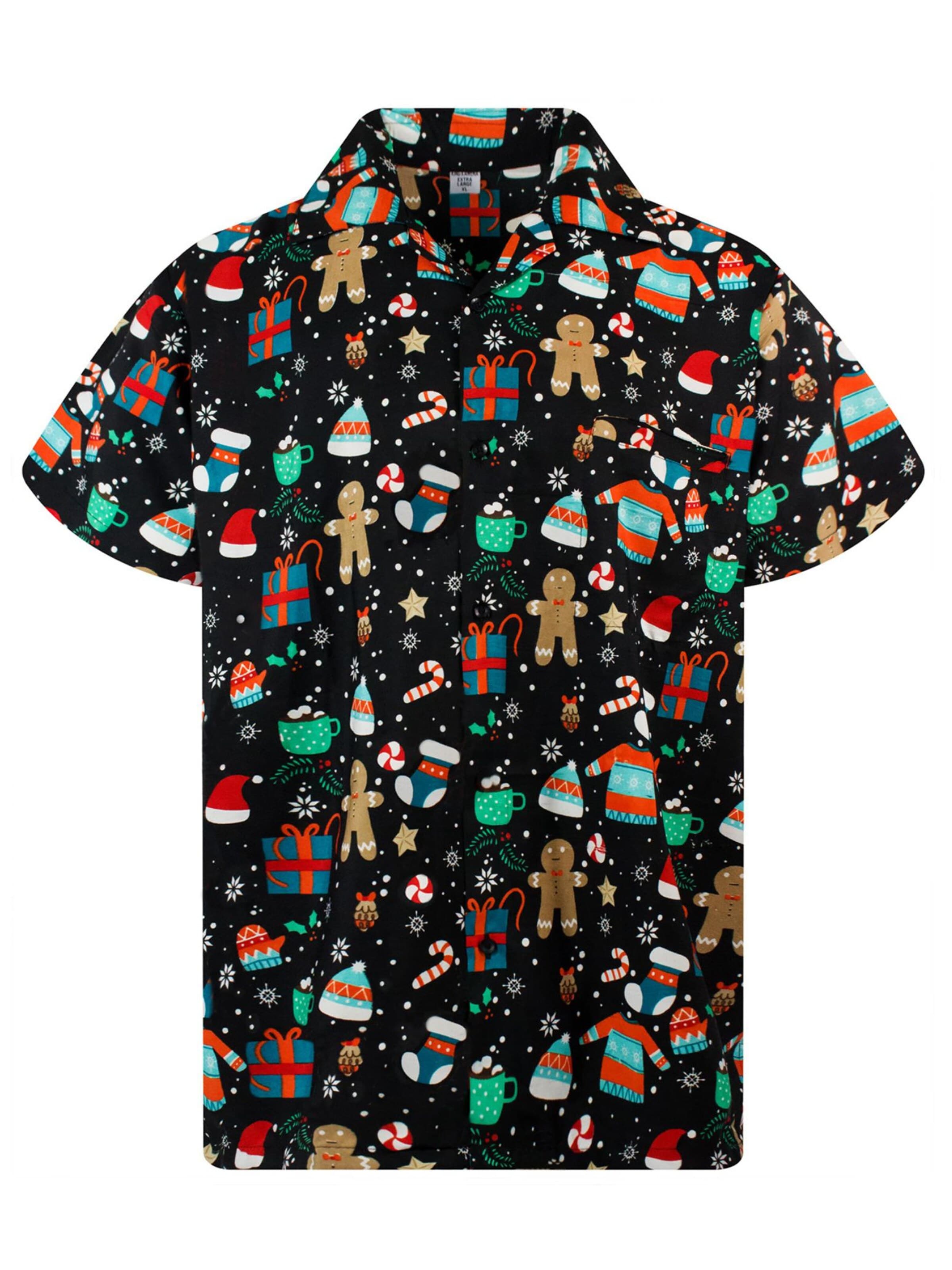 King Kameha Regular fit Overhemd 'Christmas Gingerbread' in Zwart: voorkant
