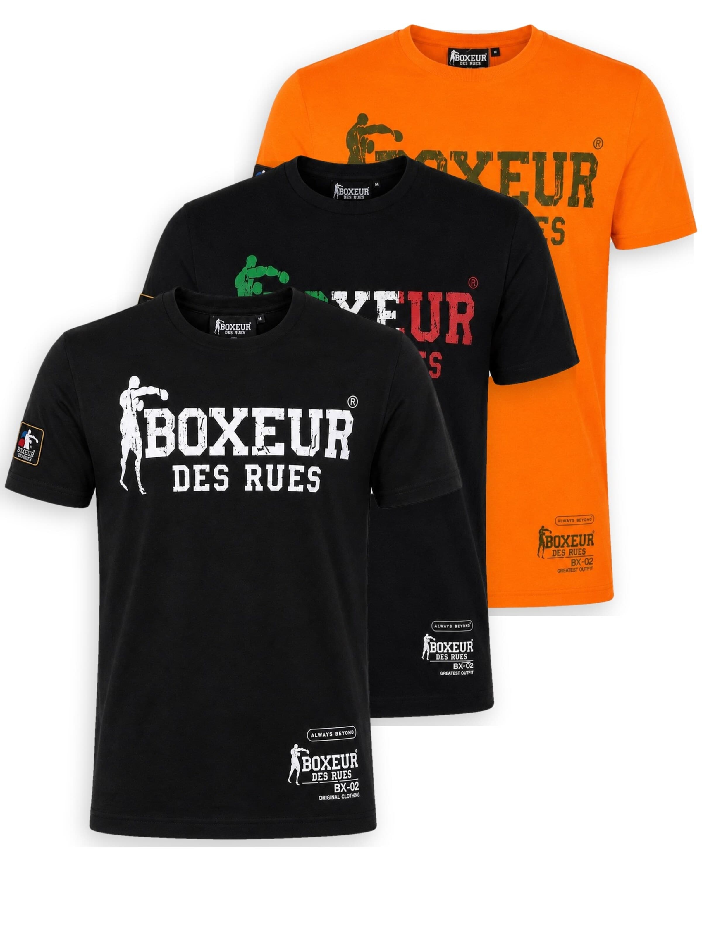 Boxeur des Rues Shirt 'Herren T-Shirt 3er-Pack Boxeur des Rues Slim Fit: Schwarz, Logo weiß + Schwarz, Logo dreifarbig + Intensives Orange'‌‌‌‌‌‌‌‌‌ in M/Regular in mischfarben, Produktansicht