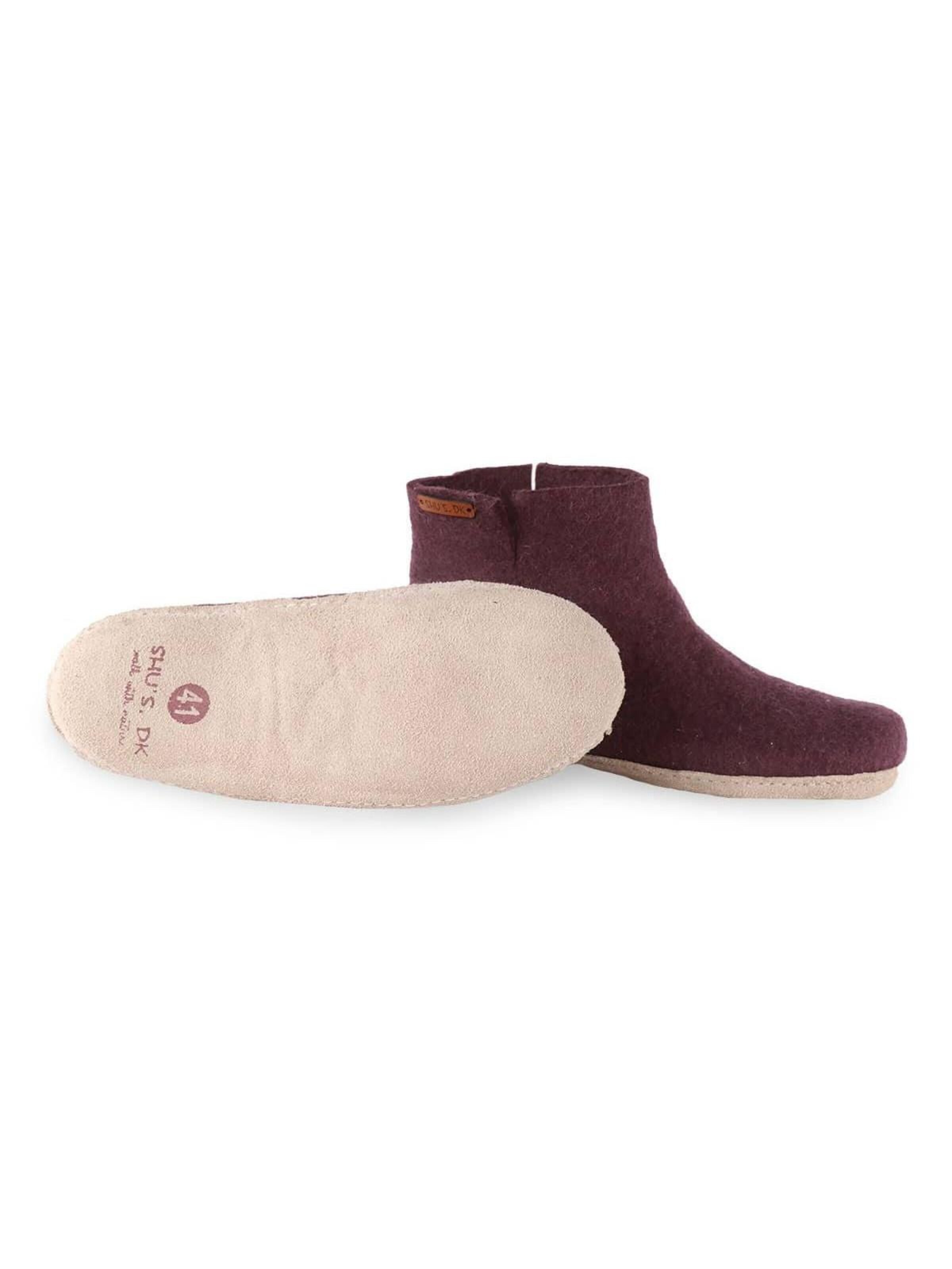 SHUS walk with nature Bootie 'Uldstøvle/sutsko (100% ren uld) - Model lilla m/sål i skind - Dansk Design fra SHUS' in Purple