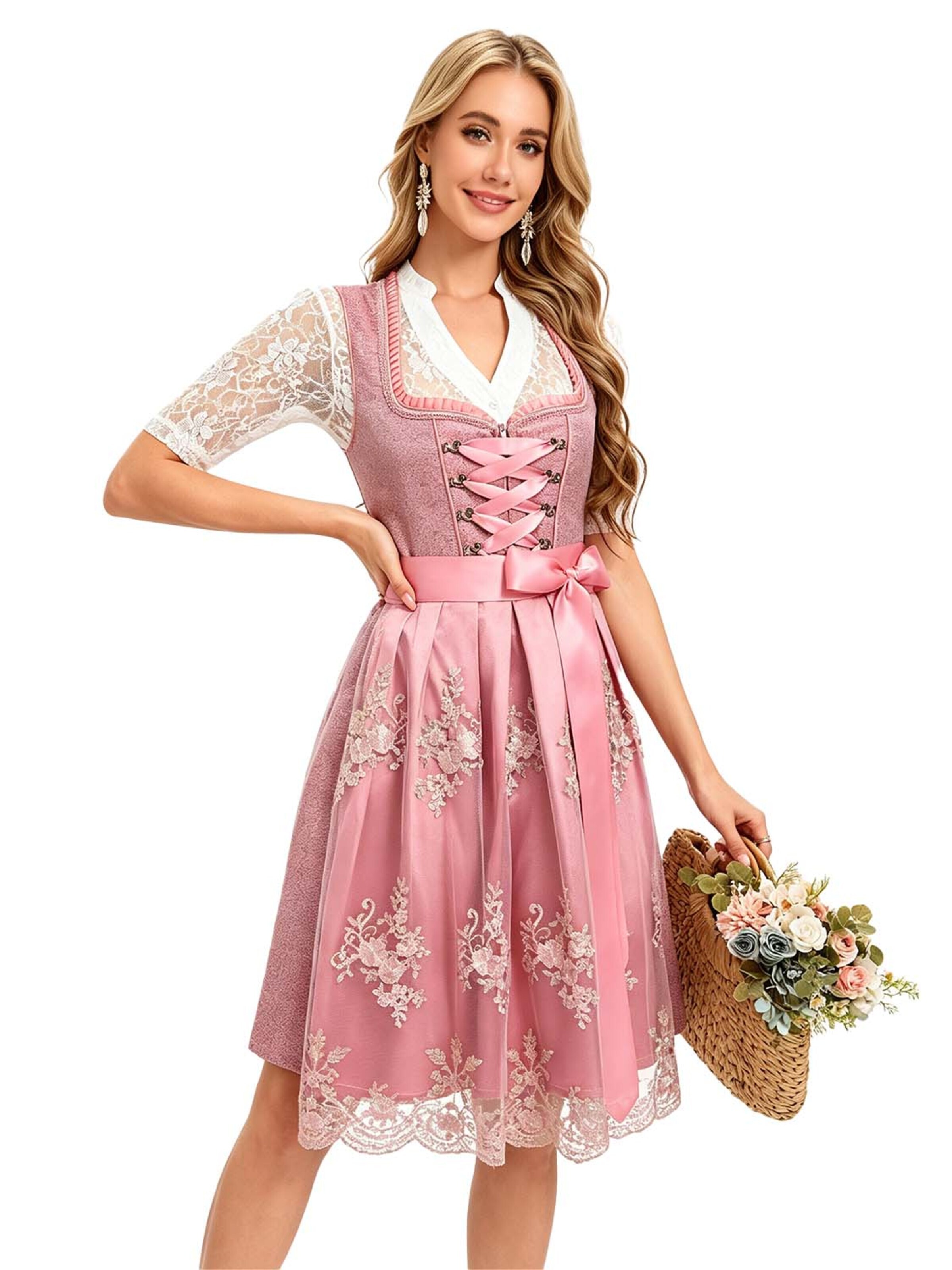 KoJooin Dirndl '3-teiliges Damen Bierfest Oktoberfest Satin-Schürze mit Bindebändern Spitzenbluse mit V Lochmuster' in Pink