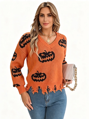 KoJooin Pullover 'Damen V-Ausschnitt Pullover mit Halloween-Kürbis-Motiv Farbkontrast,gestrickter Langarm-Pullover'‌‌‌‌‌‌‌‌‌ in Orange: Vorderseite