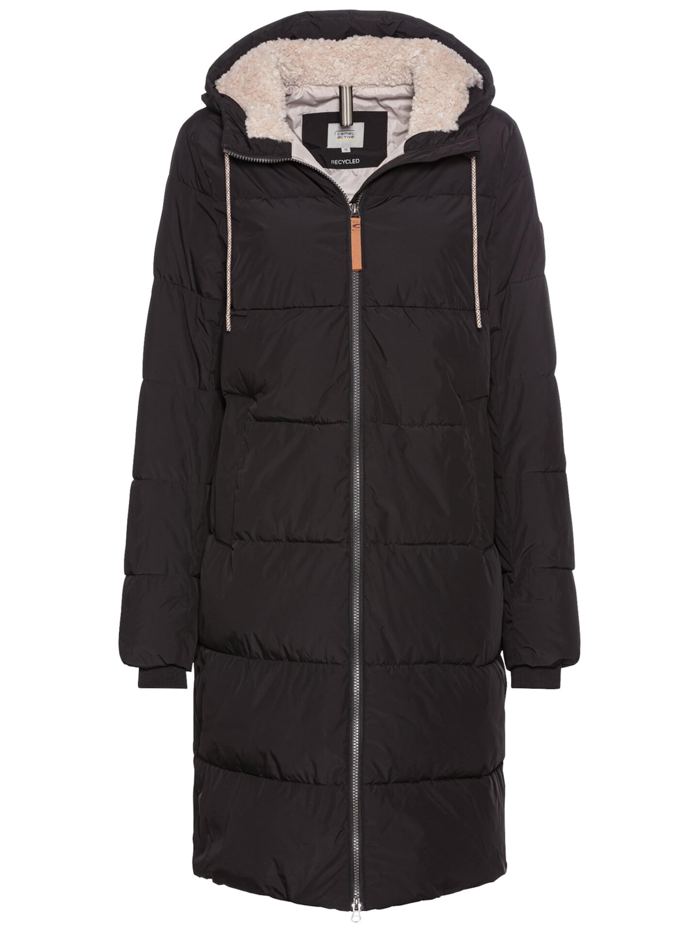 CAMEL ACTIVE Langer Puffermantel mit gefütterter Kapuze in Schwarz: Vorderseite