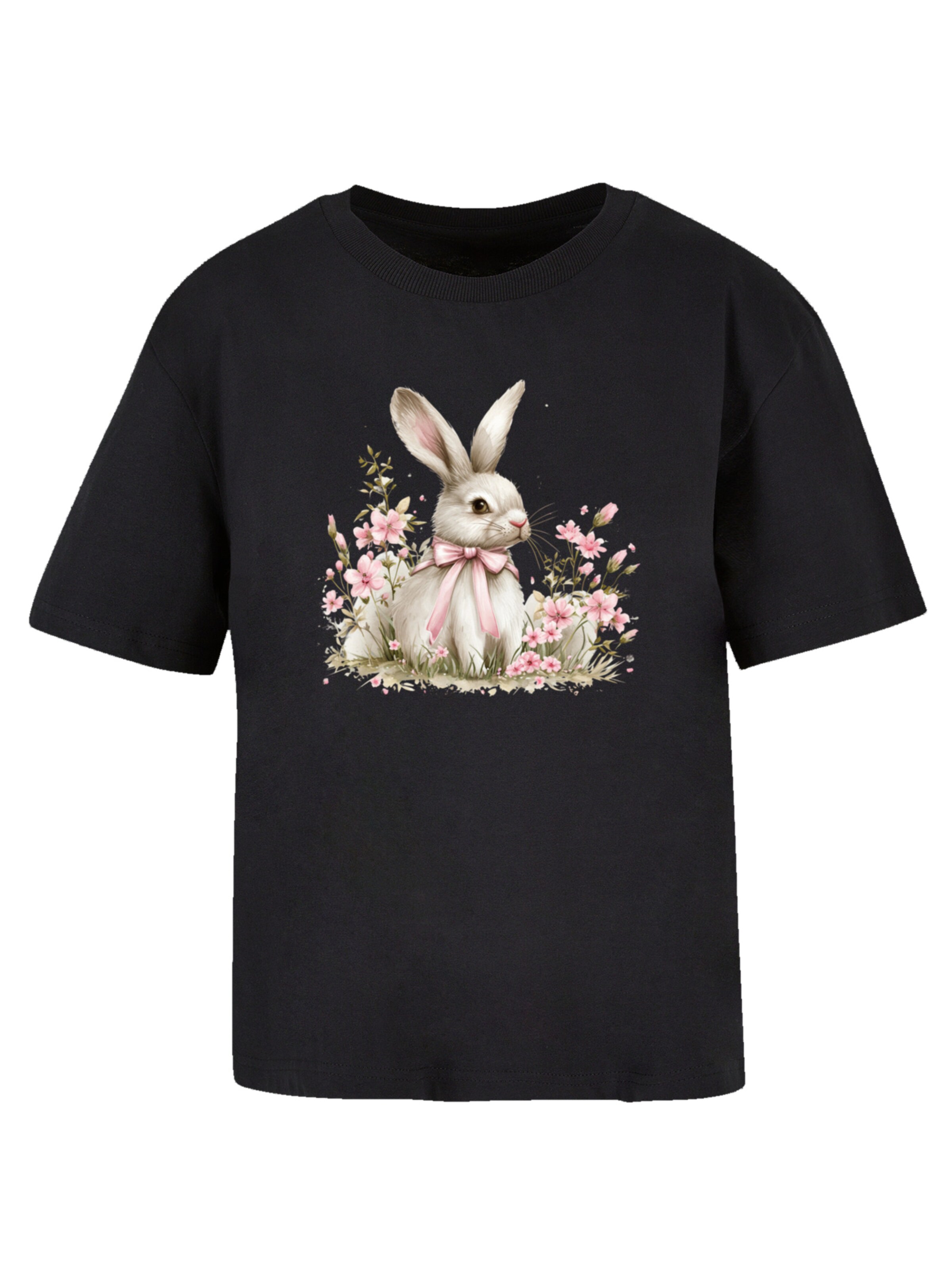 F4NT4STIC Shirt 'Niedlicher Osterhase mit Blumen' in Zwart: voorkant