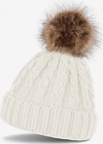 styleBREAKER Mütze 'Strick Bommelmütze mit Zopfmuster' in Beige: Vorderseite