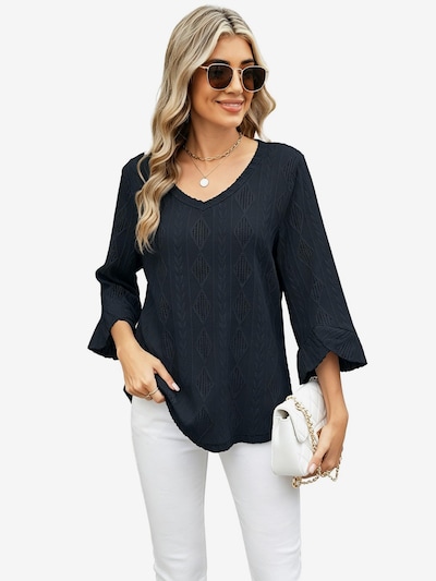 KoJooin Shirt 'Damen V‑Ausschnitt Diamantmuster Jacquard Lockerer Schlagärmel T‑Shirt, sieben Viertel Ärmel'‌‌‌‌‌ in XXL/Regular in schwarz, Produktansicht