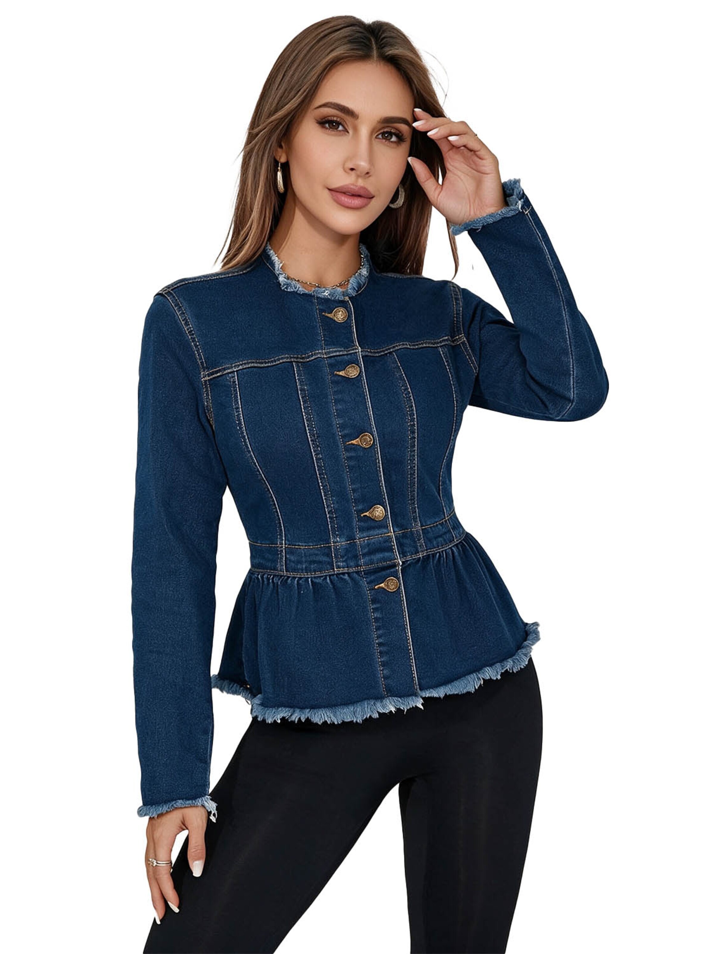 KoJooin Kurtka przejściowa 'Damen Jeansjacke mit Peplum-Saum Kragenloser Rundhalsausschnitt, Knopfleiste und Kurzschnitt' w kolorze niebieski