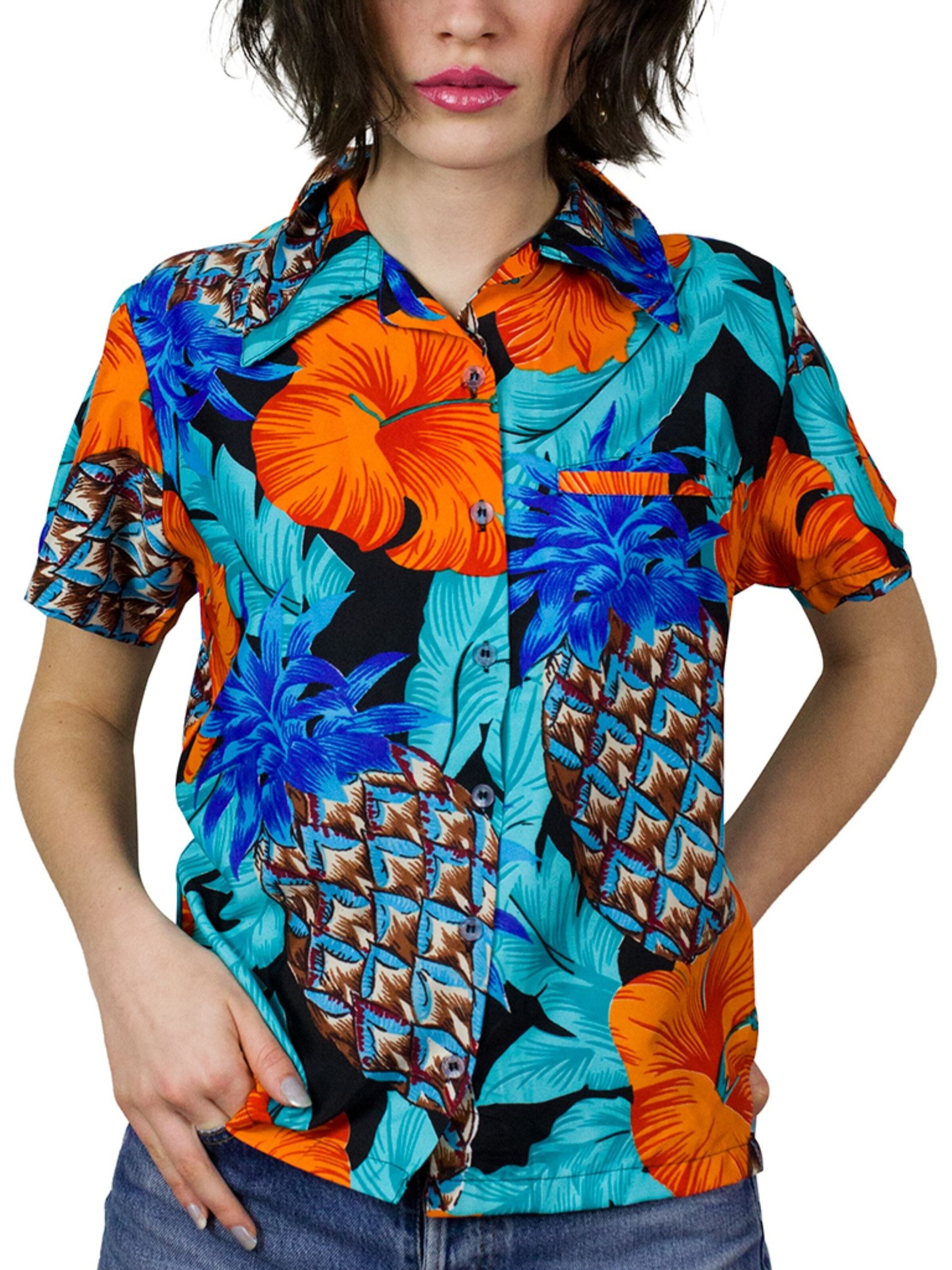 King Kameha Bluse 'Pineapple Hibiscus Black Line'‌‌‌‌ in Blau