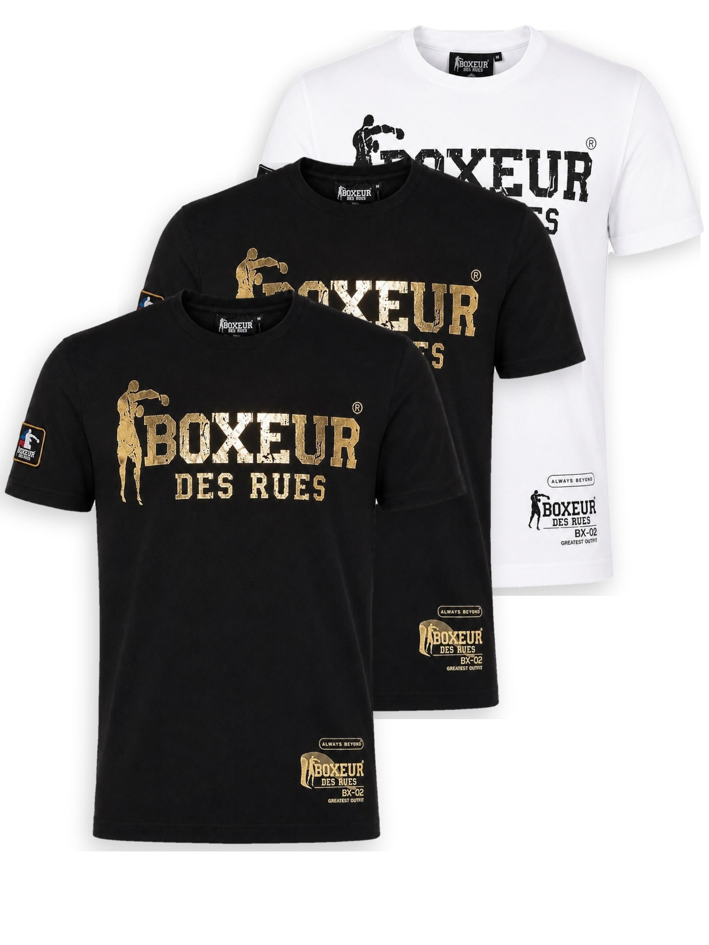 Boxeur des Rues Shirt 'Herren T-Shirt 3er-Pack Boxeur des Rues Slim Fit: Weiß, Schwarzes Logo + 2 x Schwarz, Goldenes Logo'‌‌‌‌‌‌‌‌‌ in Mischfarben: Vorderseite