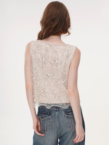 yoligex Top 'Cream Floral Pearl Beaded Rhinestone Mesh Sleeveless Top, Round Neck Scalloped Lace Hem Sheer Vest' in White