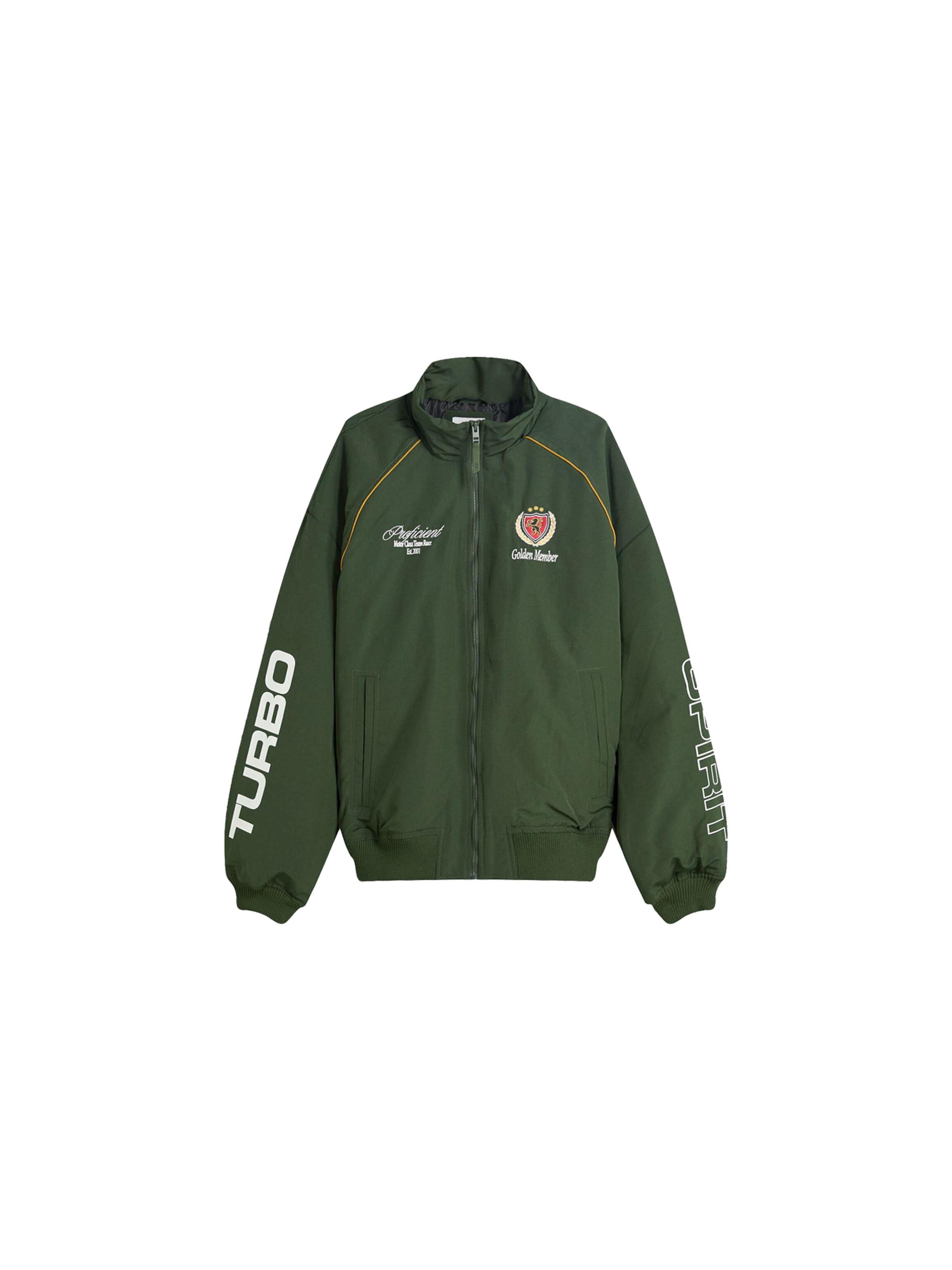 Bershka Overgangsjakke i gul / mørkegrøn / rød / hvid, Produktvisning