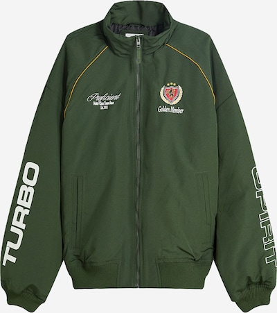 Bershka Prijelazna jakna u žuta / tamno zelena / crvena / bijela, Pregled proizvoda