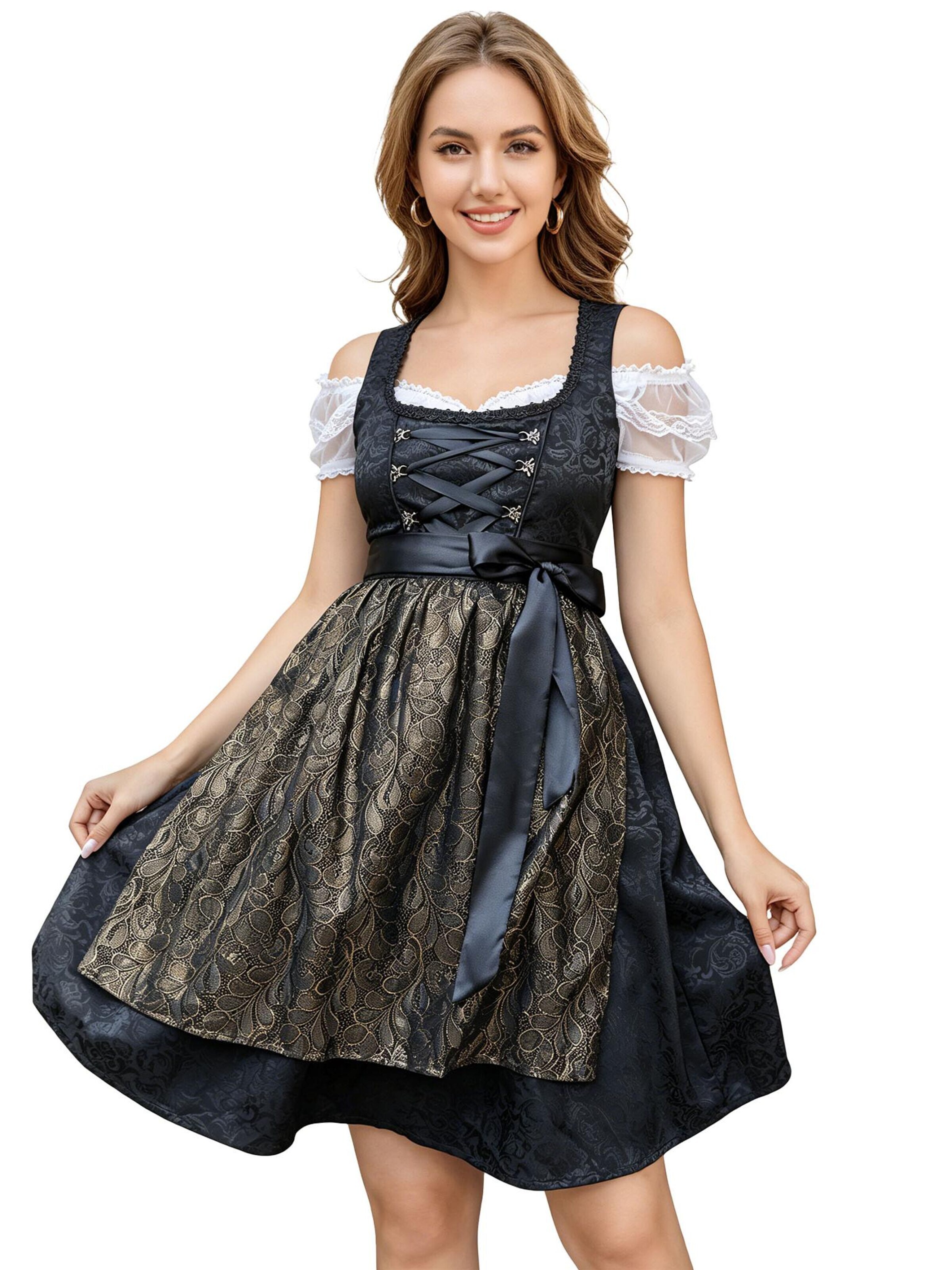 KoJooin Dirndl 'Damen 3-Teiliges Dirndl-Stil Set Mit Jacquardschürze Und Mesh-Bluse' w kolorze czarny