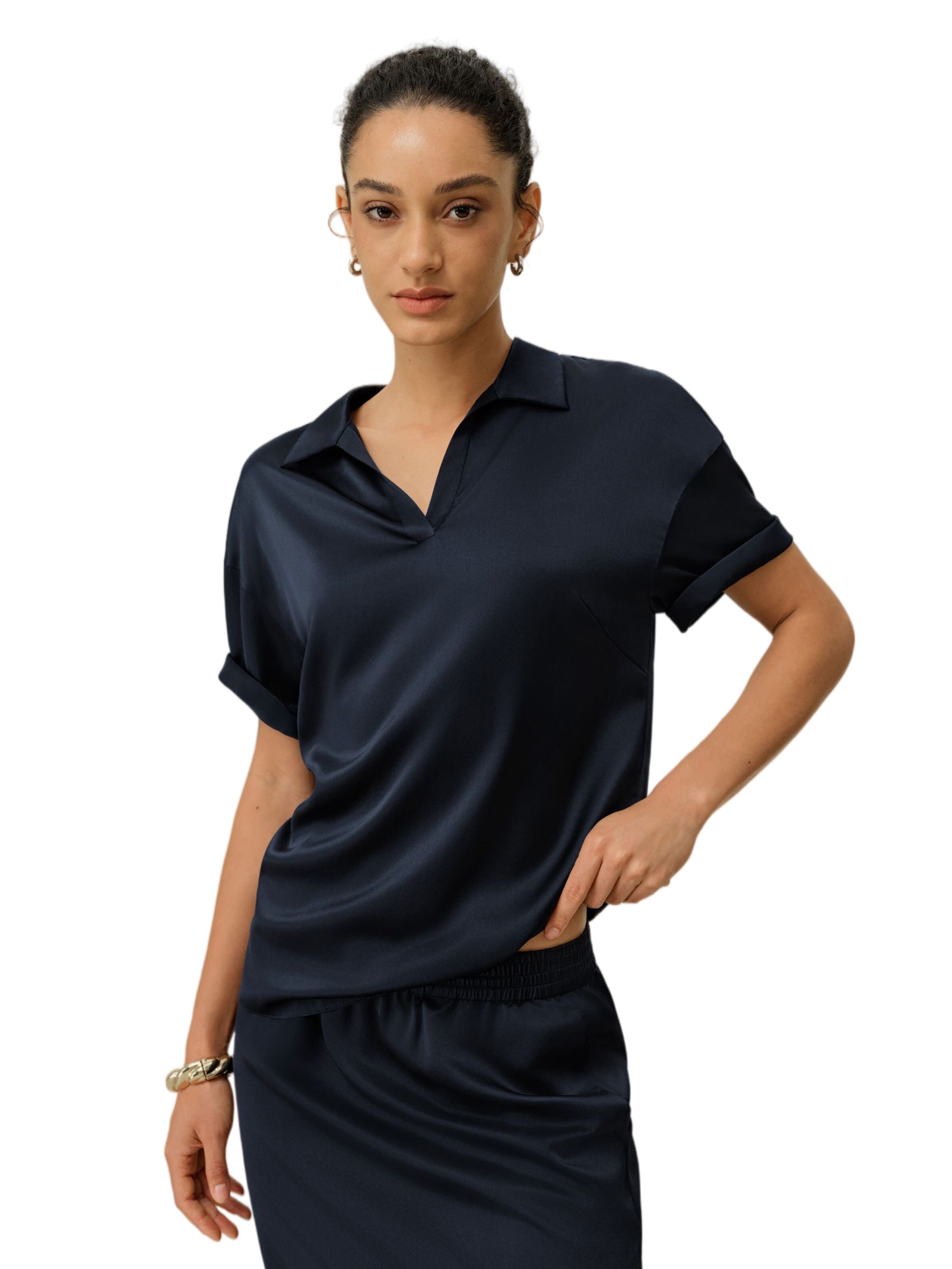 Lilysilk Bluse 'LILYSILK Waschbare Seiden-Charmeuse Polo-Oberteil'‌ in Blau: Vorderseite