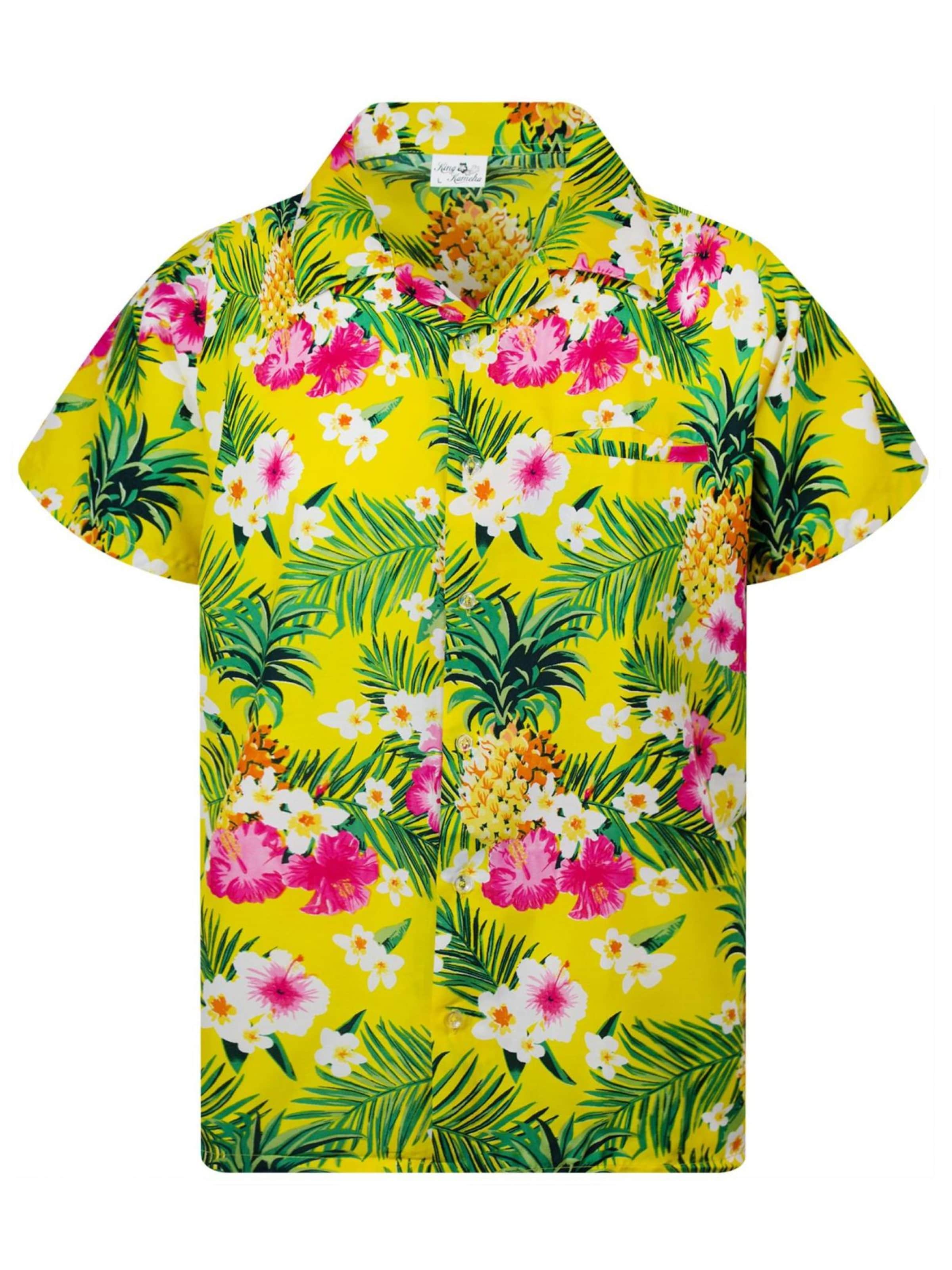 King Kameha Shirt 'Pineapple Flowers' in Yellow: front