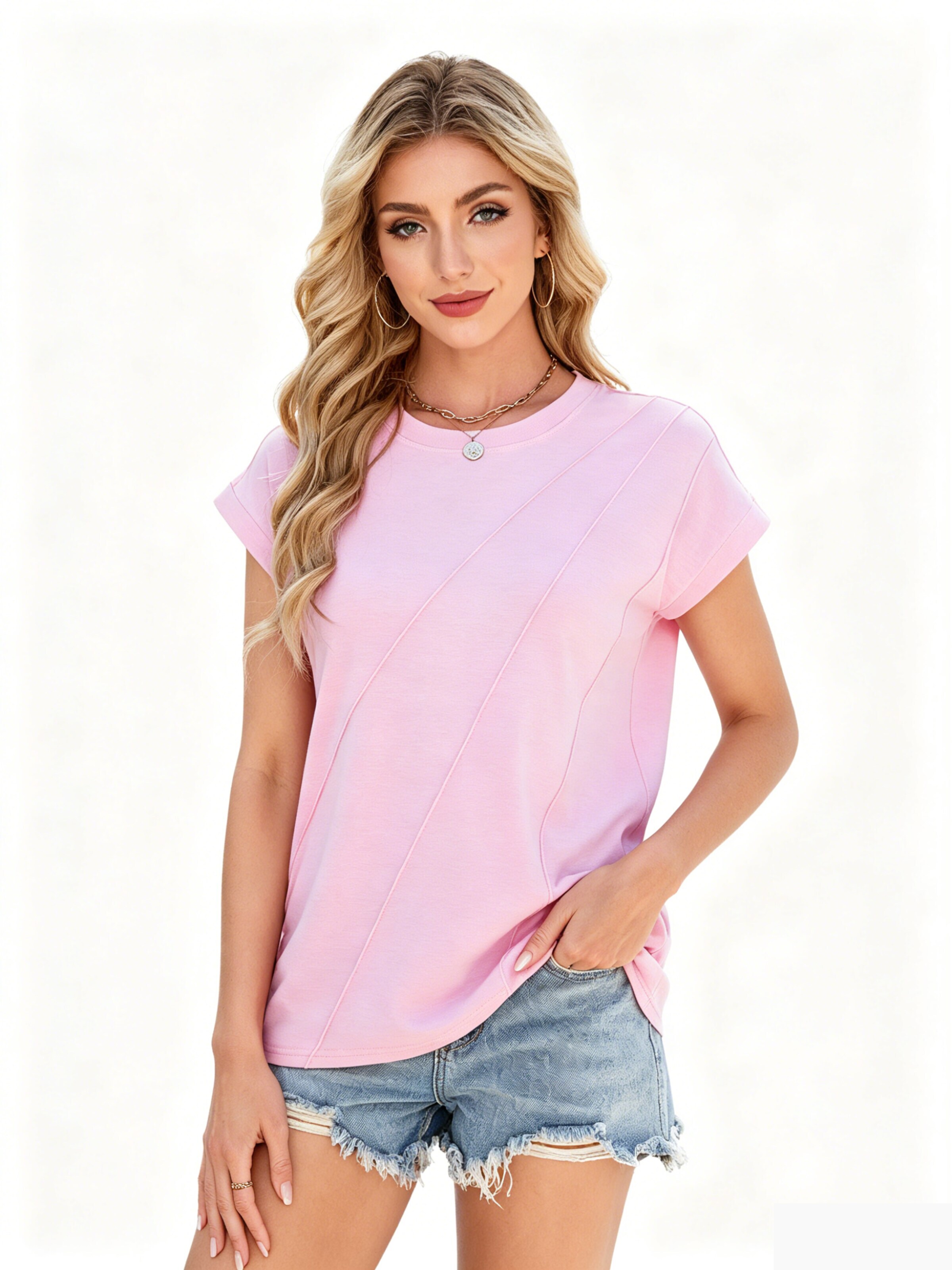 KoJooin Top 'Damen Ärmelloses T-Shirt mit diagonalen Nahtdetails Rundhals Locker geschnittenes Top'‌‌‌ in Pink: Vorderseite