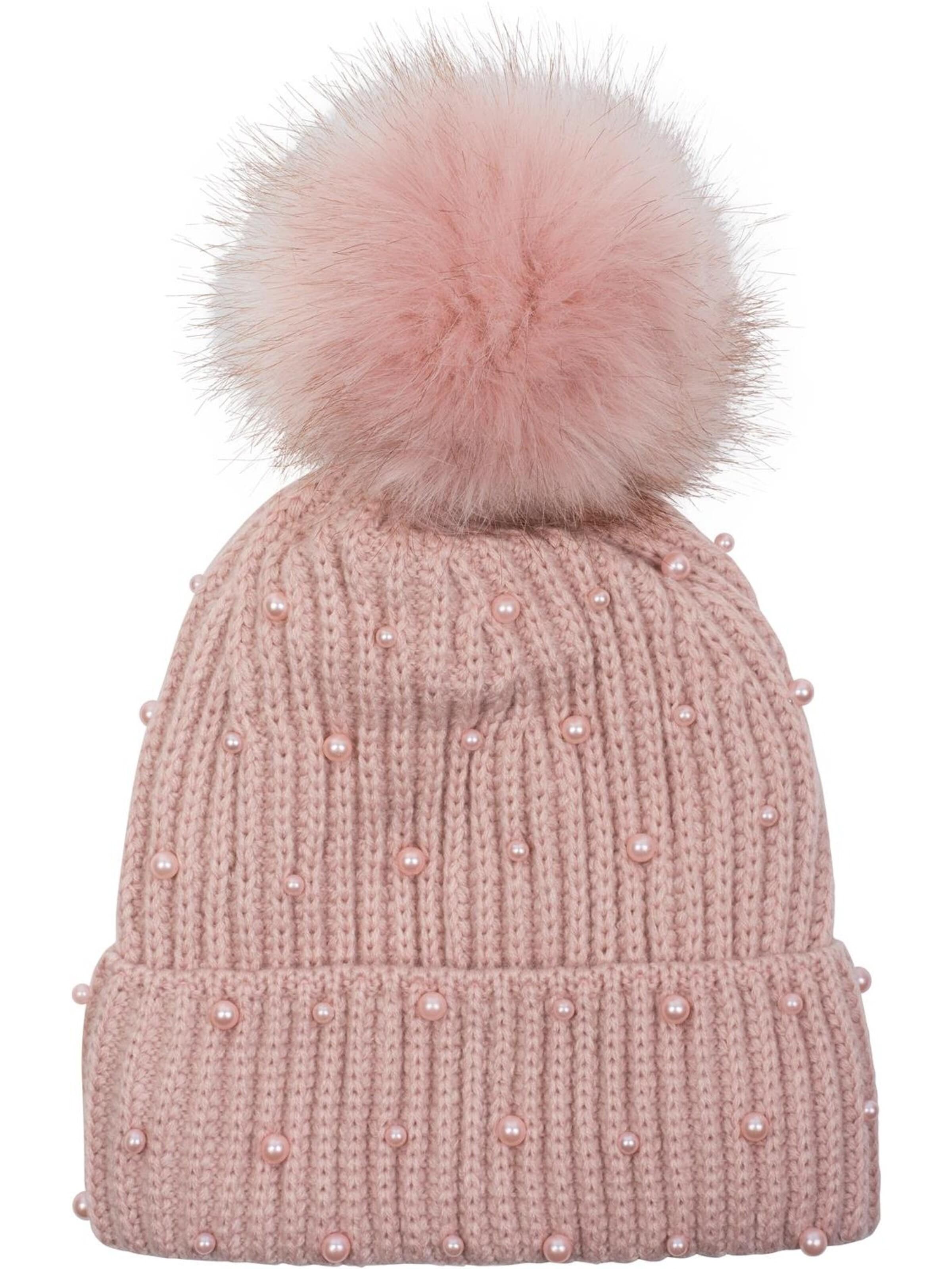 styleBREAKER Mütze 'Strick Bommelmütze mit Perlen und Fleece Futter'‌‌‌ in Pink: Vorderseite