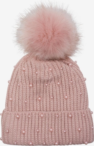 styleBREAKER Mütze 'Strick Bommelmütze mit Perlen und Fleece Futter' in Pink: Vorderseite