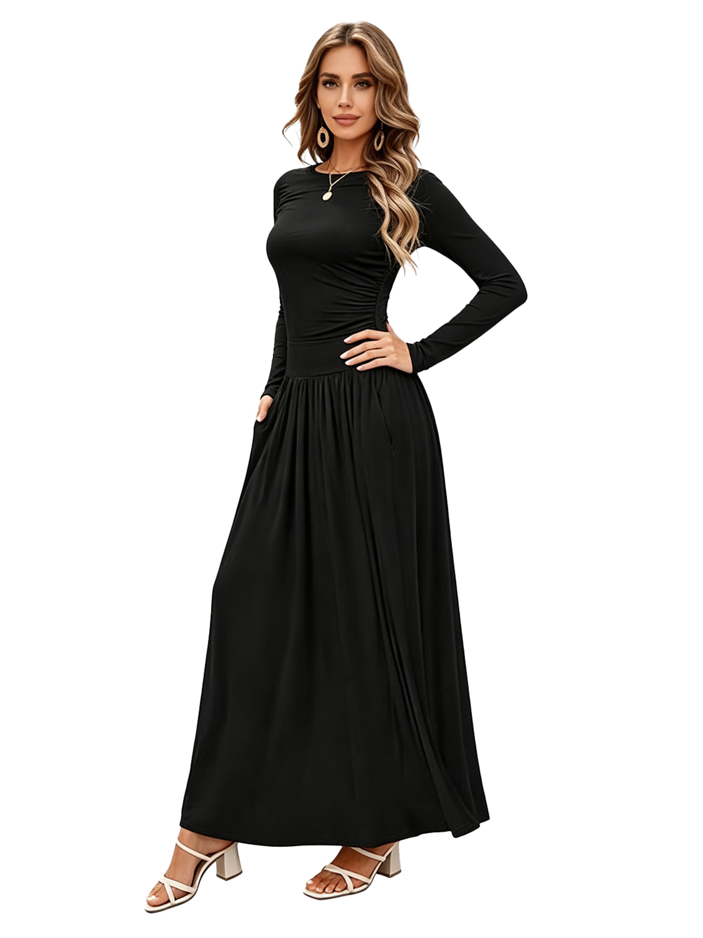 KoJooin Dress 'Damen Langarm Strickkleid mit Rundhals, Raffung und Taschen – Figurbetontes, elegantes Midikleid' in Black