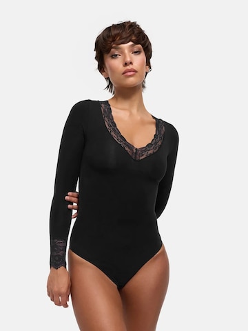 cfab - Body moldeador 'Clean Longsleeve V-Neck with Lace Sculpting Bodysuit with String' en negro