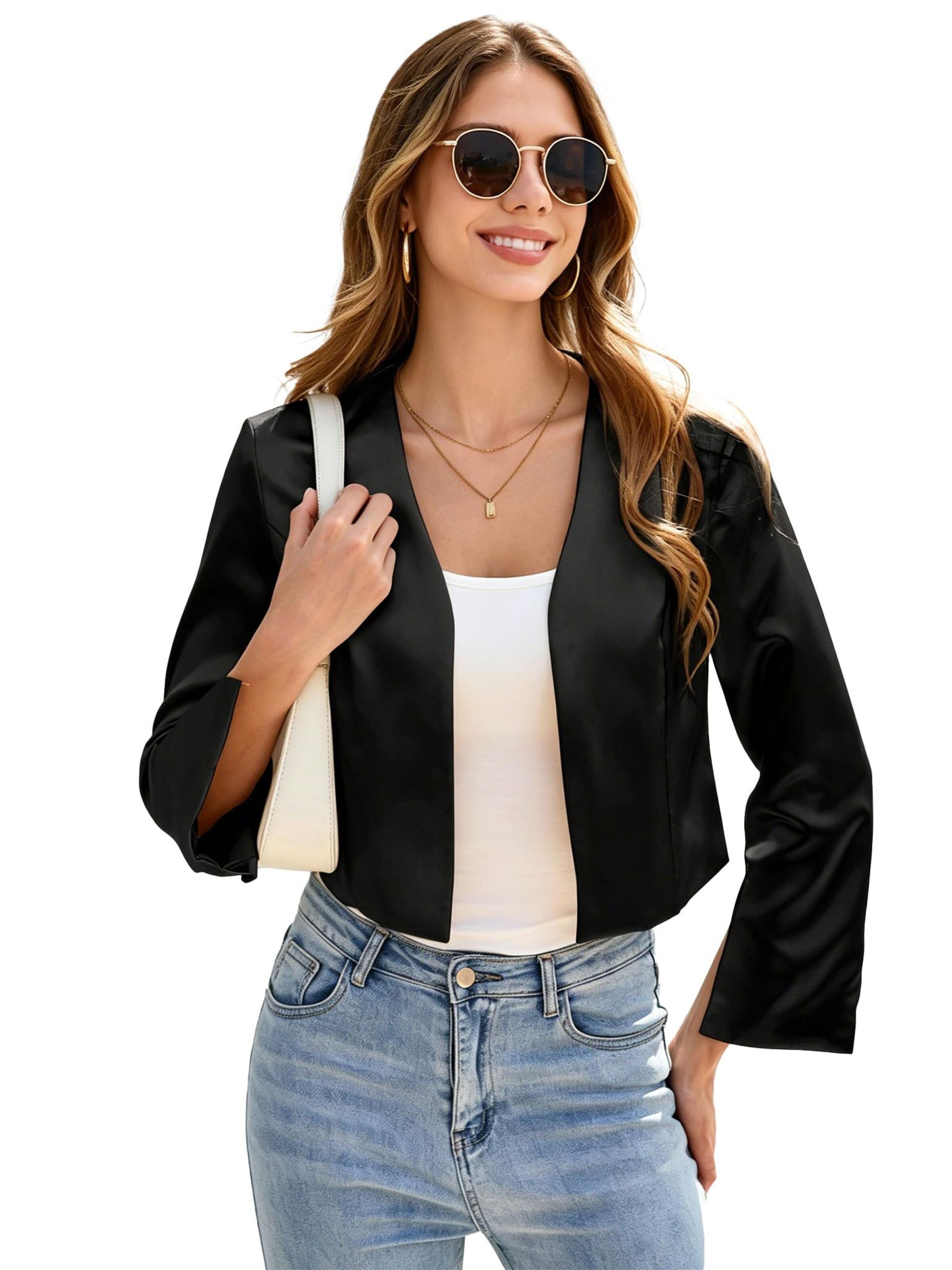 KoJooin Blazer 'Satin-Cardigan für Damen, lange ärmel,vorne offen, kurz geschnitten,Bolero-Schulterjacke fürs Büro'‌‌‌‌‌ in Schwarz