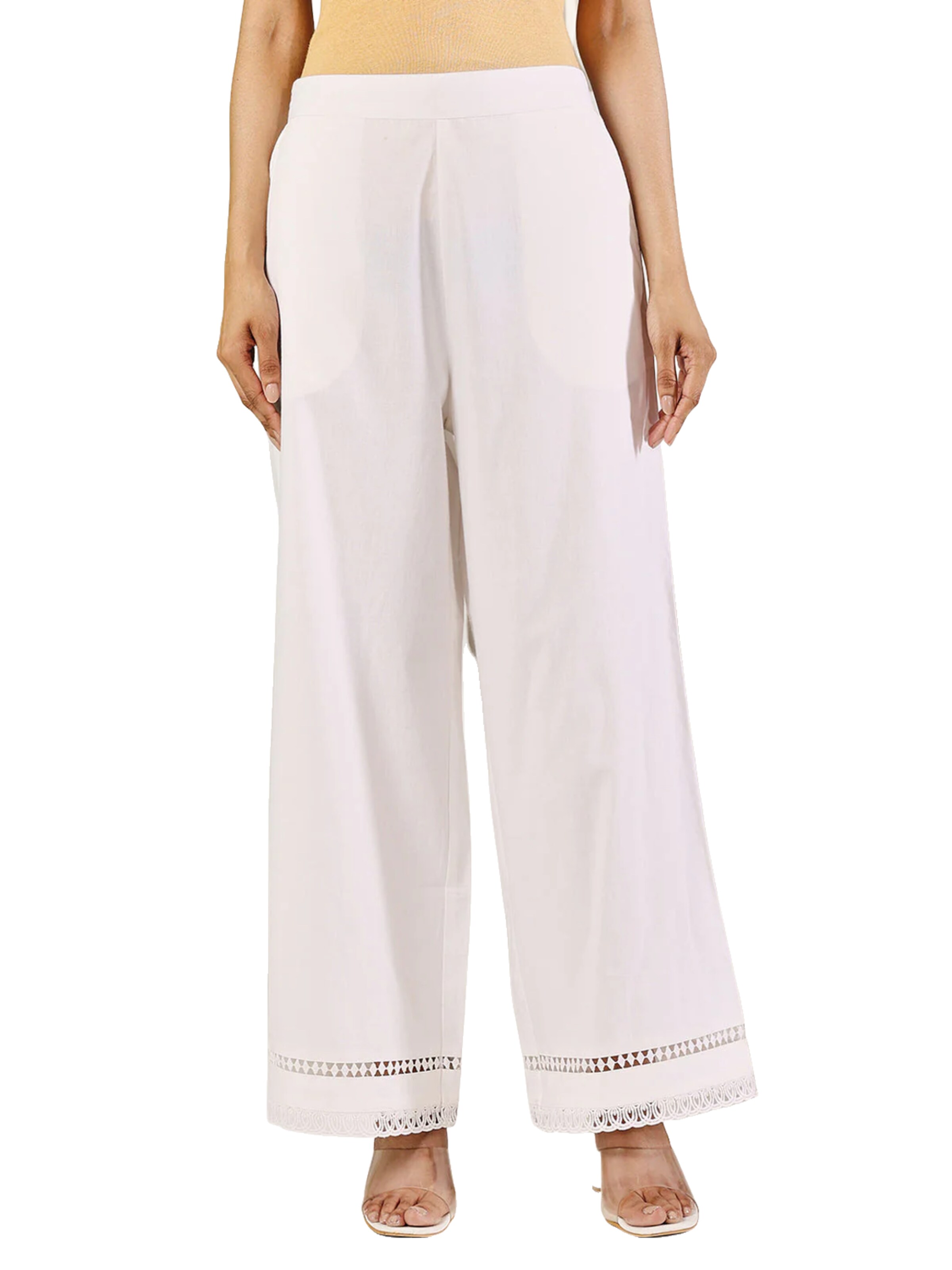 PfauGermany Wide leg Pants 'Women's White Cotton Solid Palazzo with Lace' in White: front