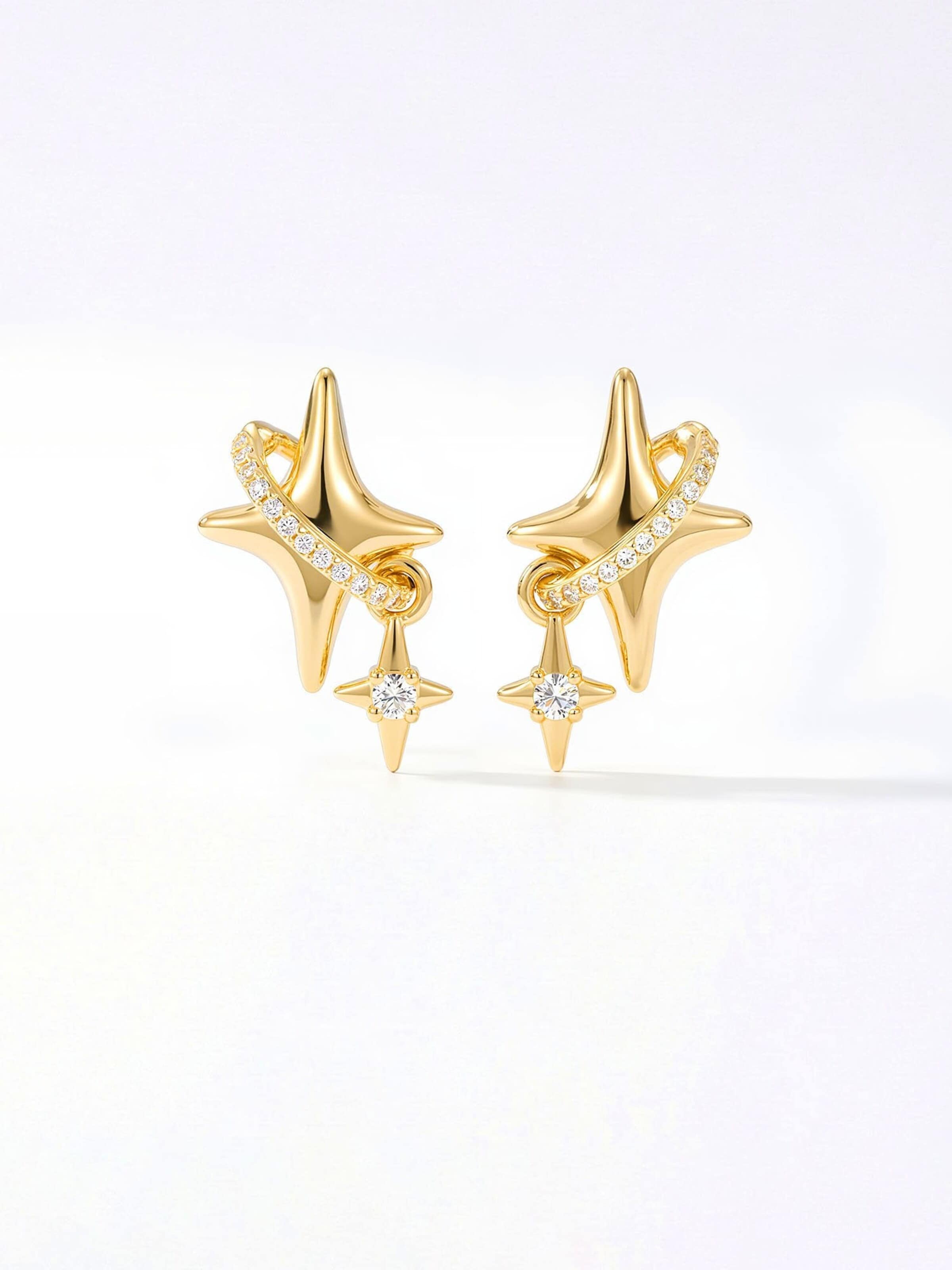 Nemomatheo Earrings 'Sternenzauber – Doppelstern mit Kristall' in Gold: front