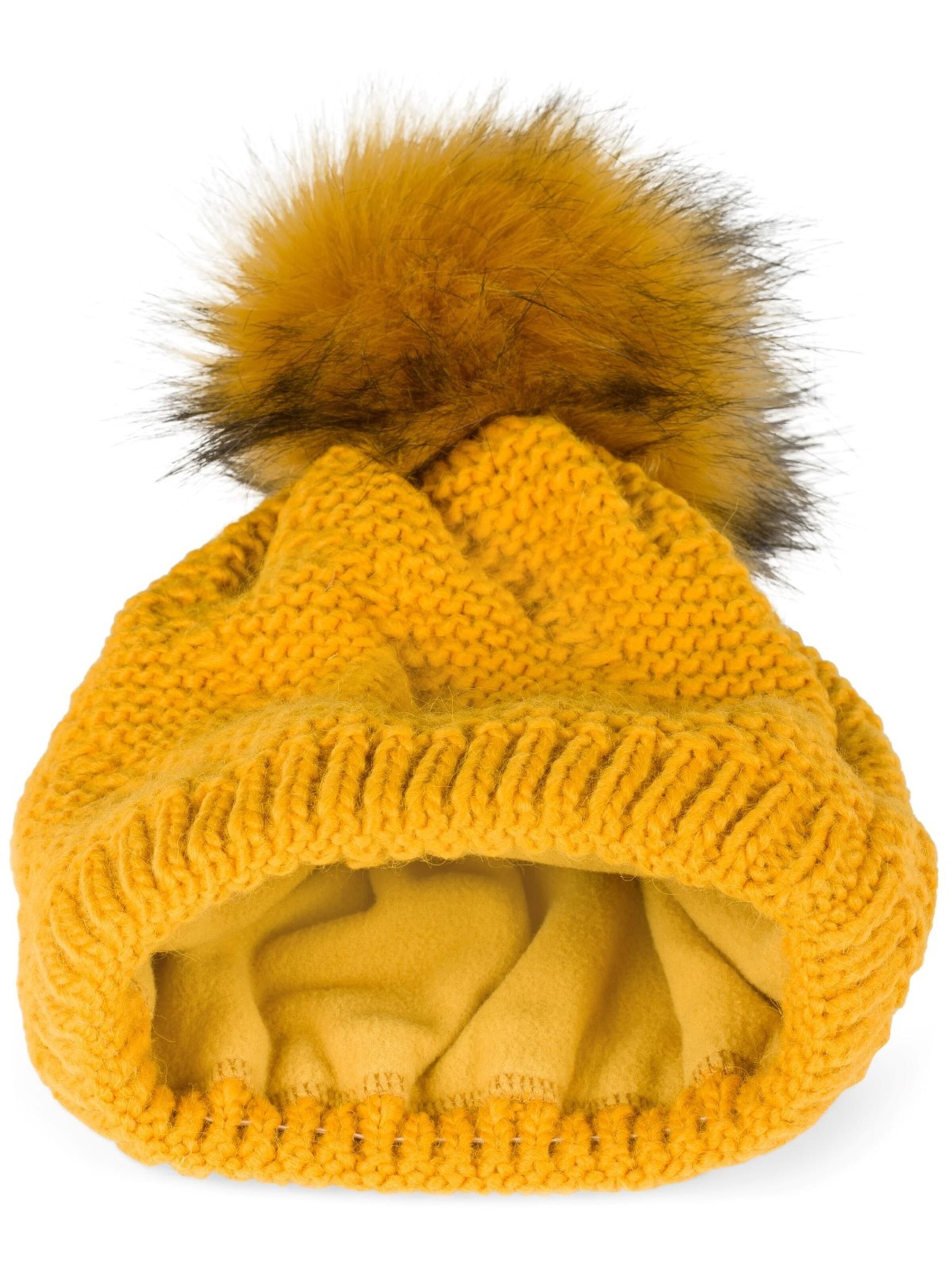 styleBREAKER Mütze 'Einfarbige Strick Bommelmütze mit Thermo-Fleece'‌‌‌‌‌‌‌‌‌‌ in Gelb
