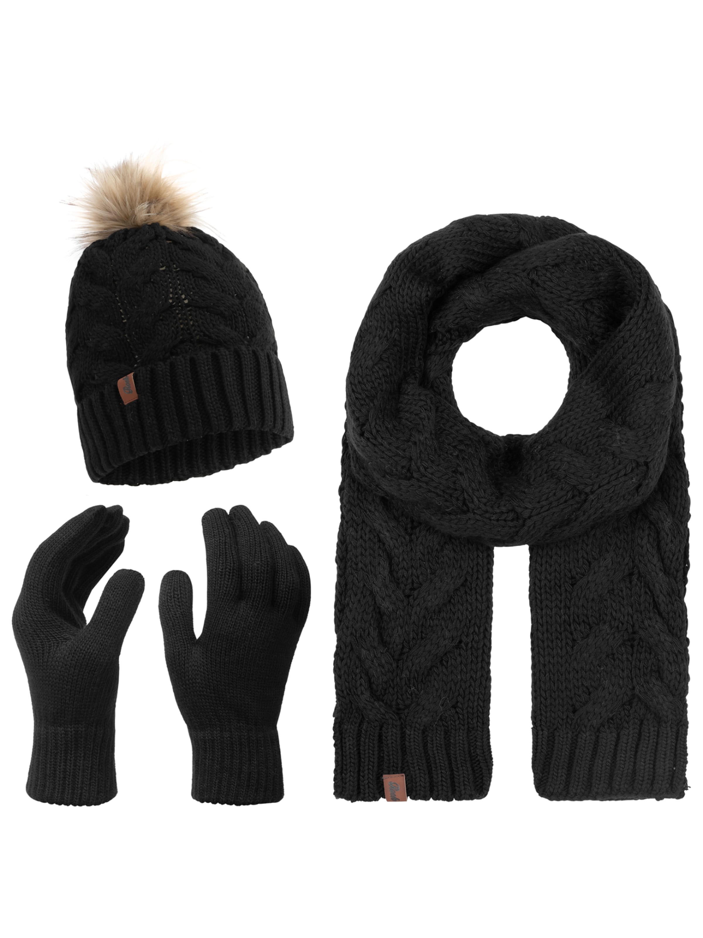 Rock Creek Set: Schal, Mütze und Handschuhe in Schwarz: Vorderseite