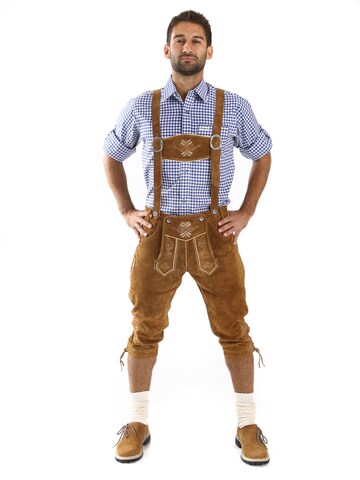 Almbock Skinny Traditional Pants 'Trachtenhose Lederhose Kniebund mittelbraun' in Brown: front