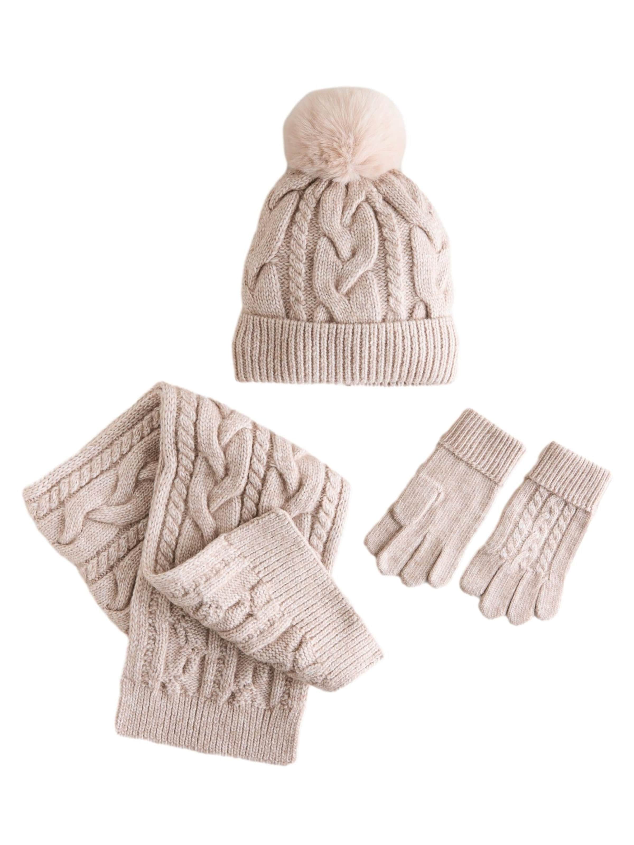 Next Beanie mit Schal und Handschuh Set in Beige: Vorderseite