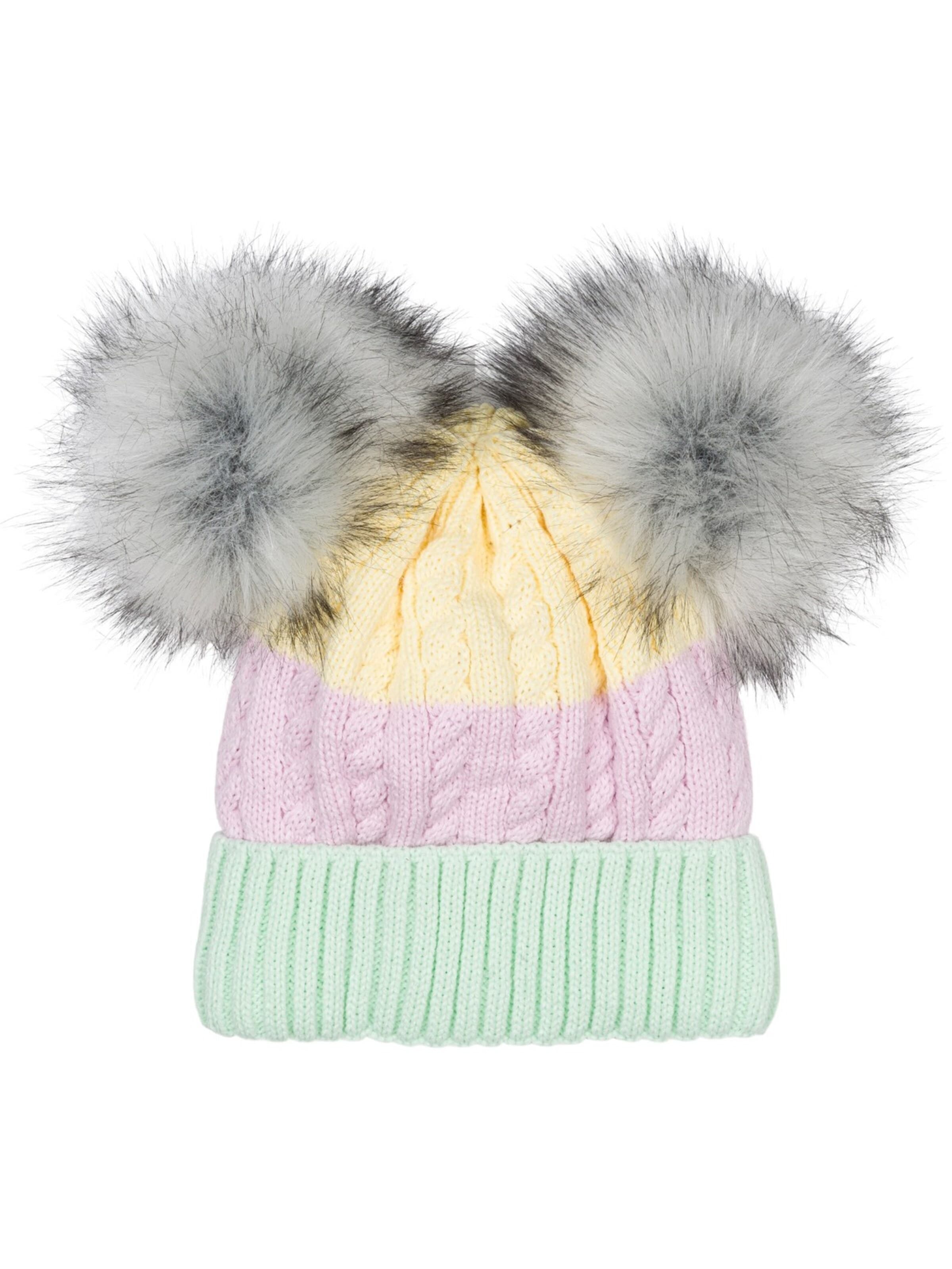 styleBREAKER Beanie 'Gestreifte Kinder Bommelmütze mit zwei Bommel' in Green: front