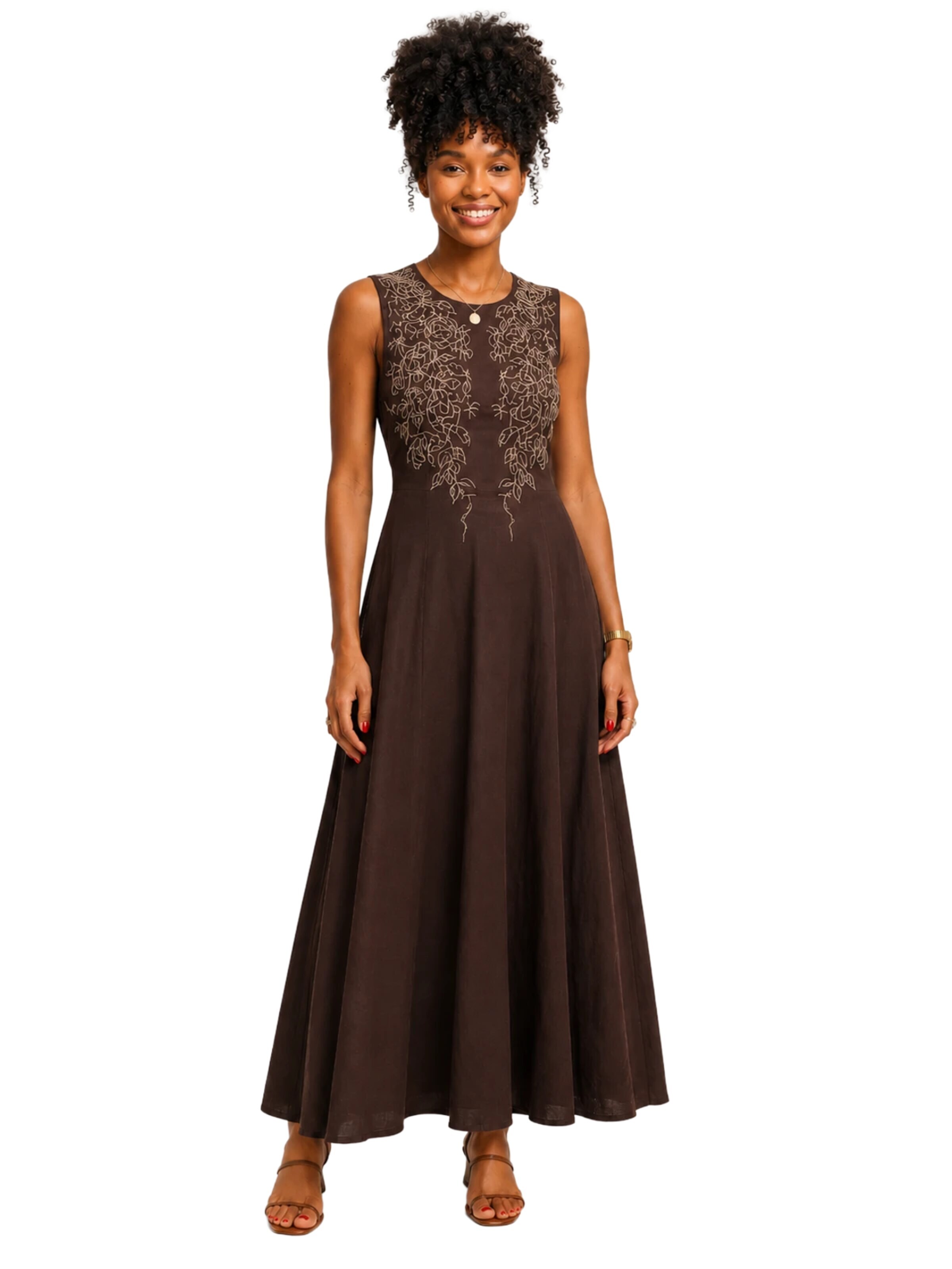 Fulgor Jurk 'Vestido Longo com Bordado Elegante' in Bruin: voorkant
